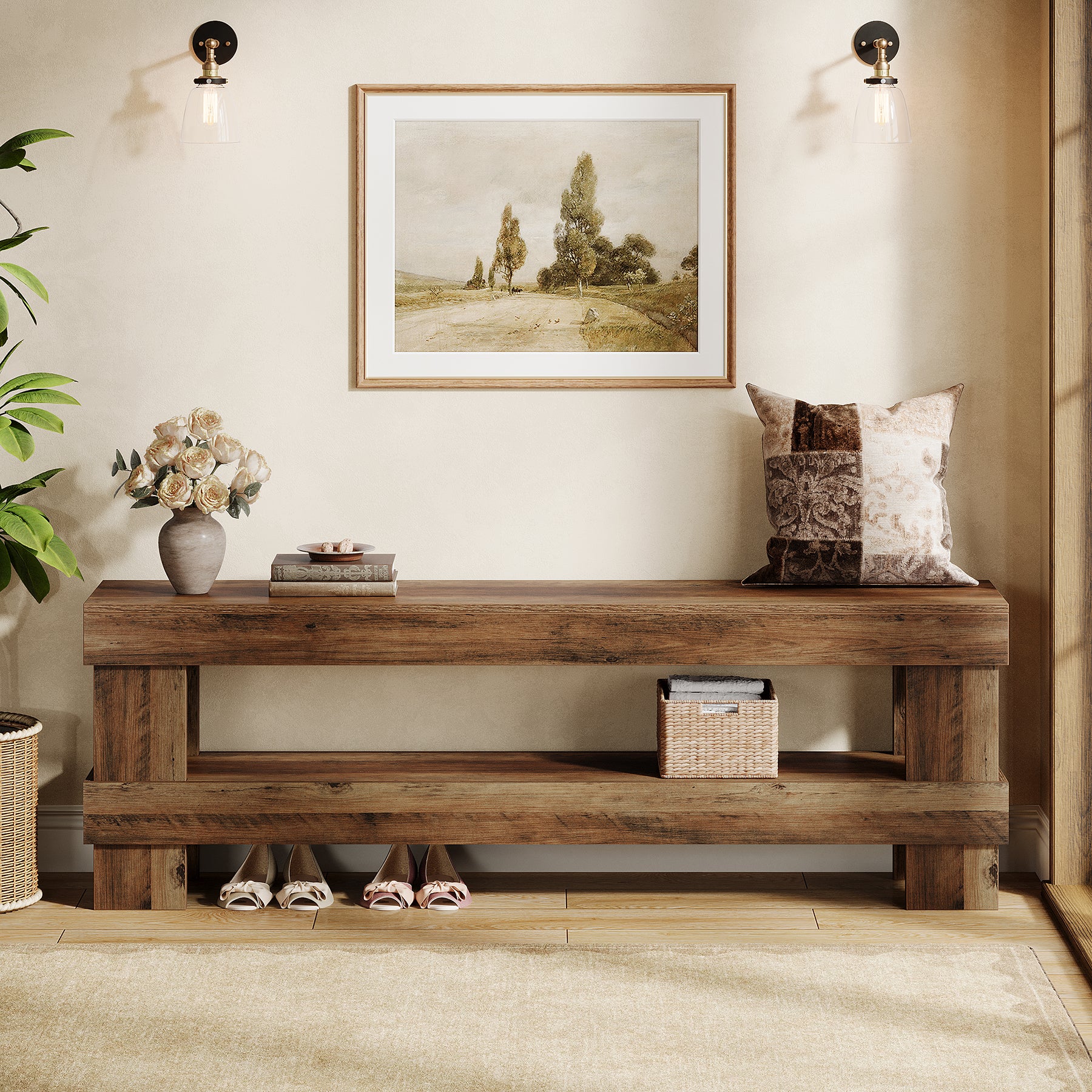 59" Entryway Bench, 2-Tier Shoe Bench Seat End of Bed Storage Benches