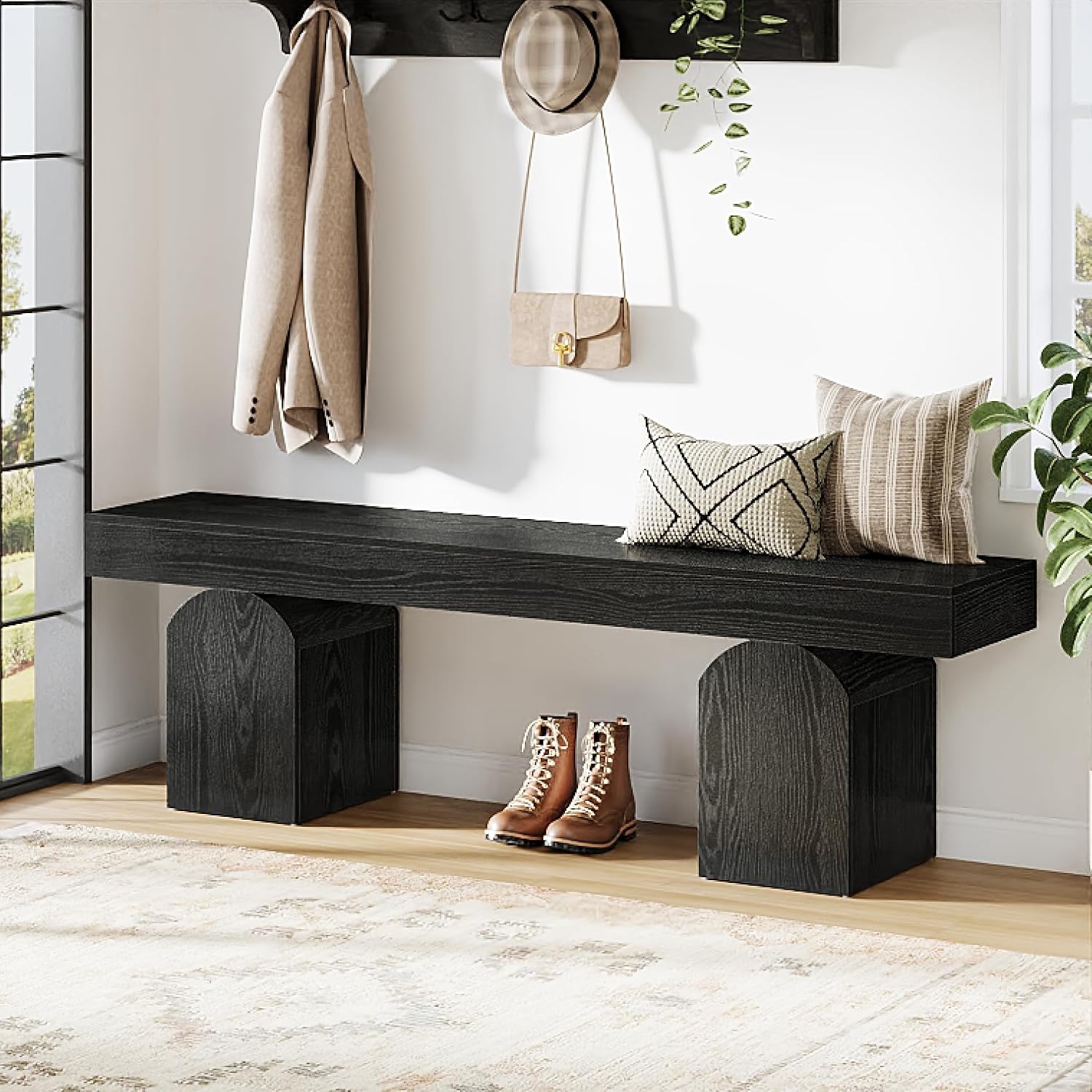 59" Entryway Bench, Long Shoe Bench with Arched Bases