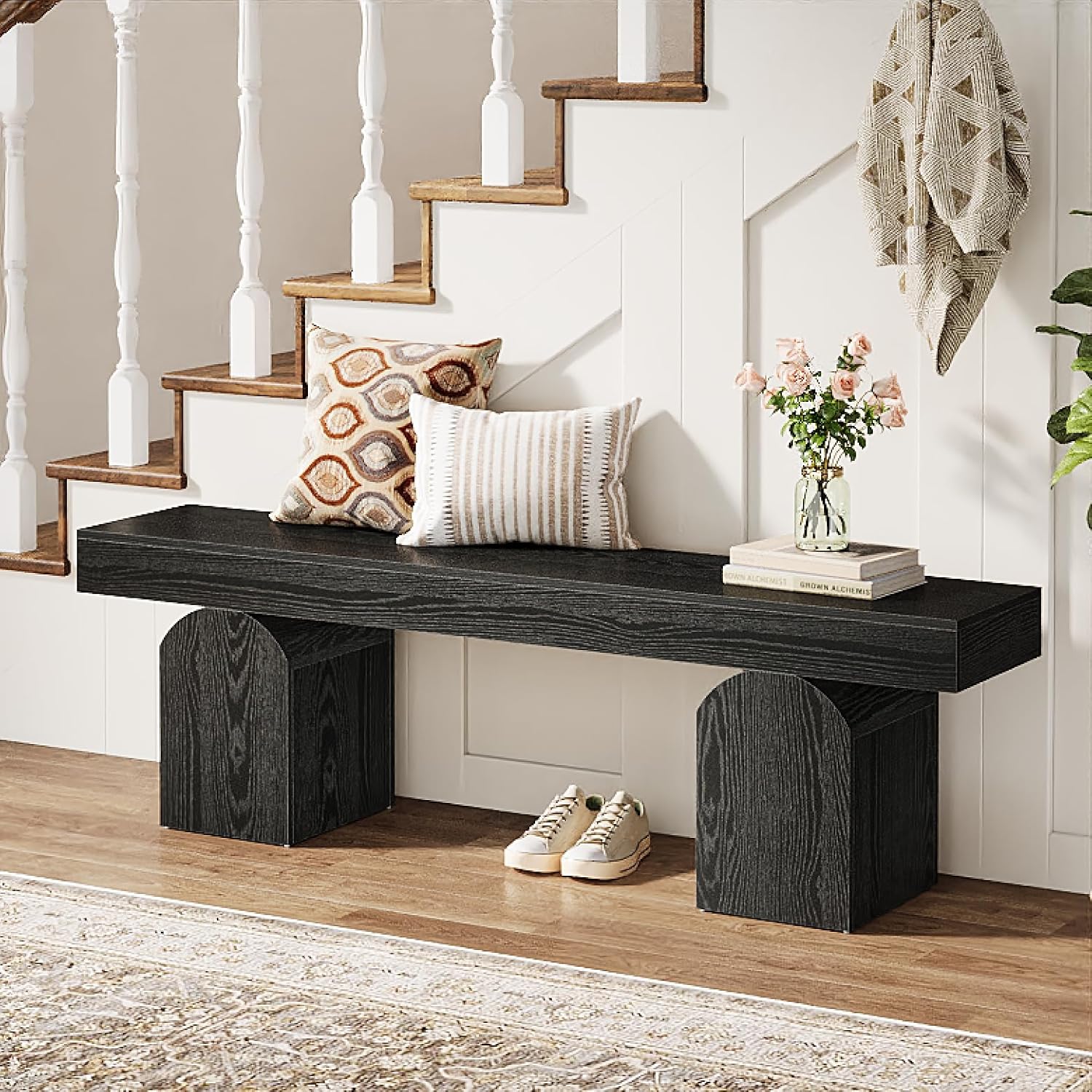 59" Entryway Bench, Long Shoe Bench with Arched Bases