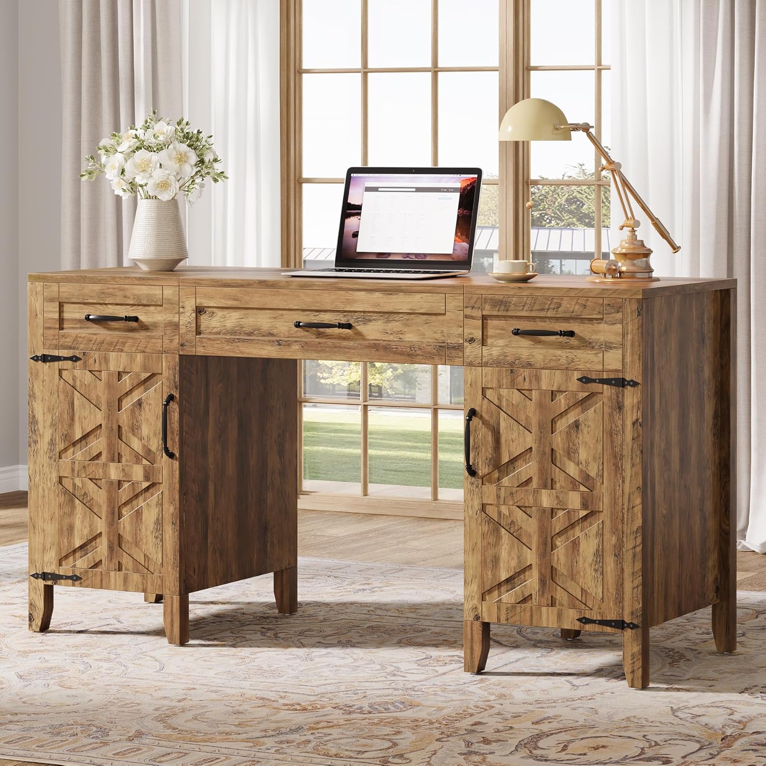 59" Executive Desk, Farmhouse Office Computer Desk with Files Storage Cabinets Tribesigns