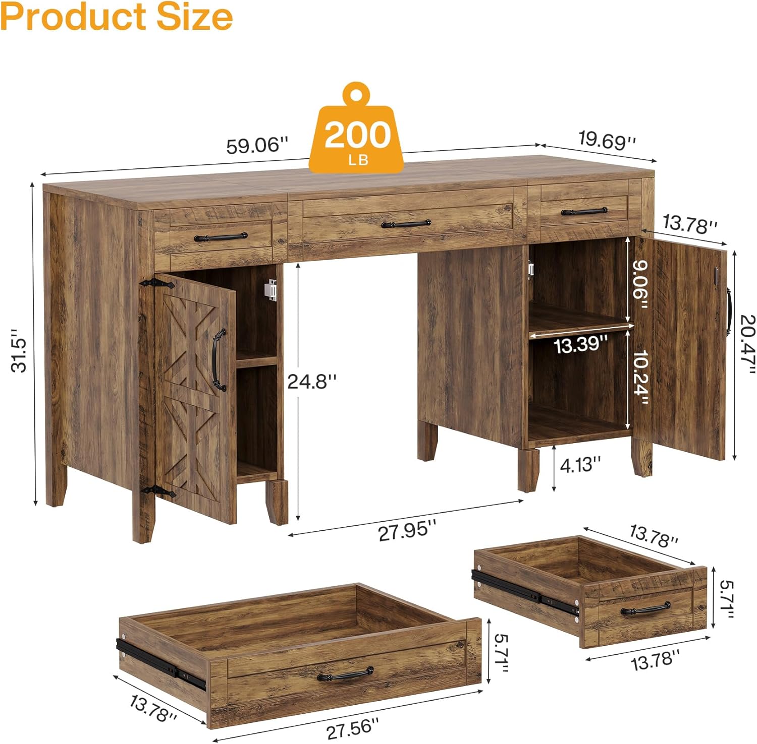 59" Executive Desk, Farmhouse Office Computer Desk with Files Storage Cabinets Tribesigns