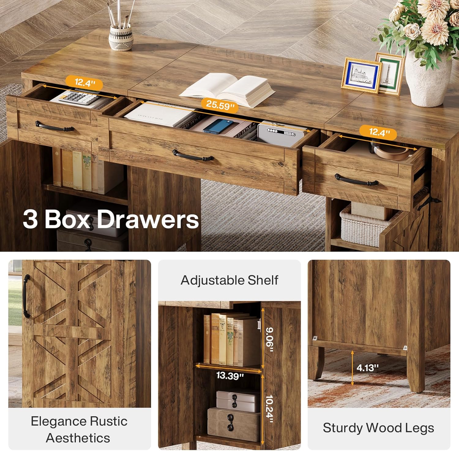 59" Executive Desk, Farmhouse Office Computer Desk with Files Storage Cabinets Tribesigns