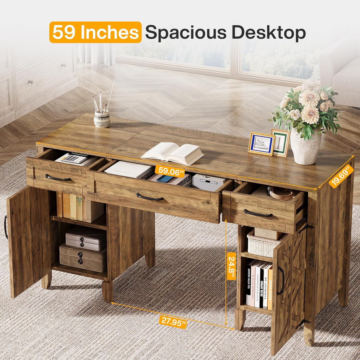 59" Executive Desk, Farmhouse Office Computer Desk with Files Storage Cabinets Tribesigns