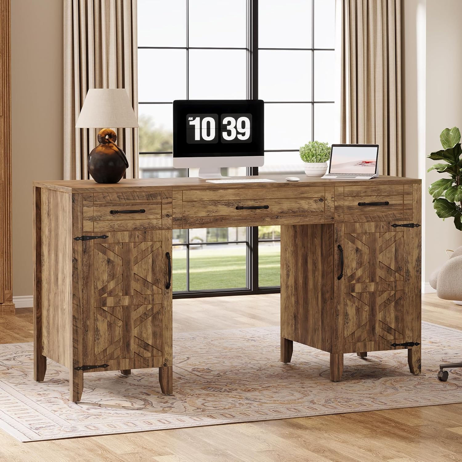 59" Executive Desk, Farmhouse Office Computer Desk with Files Storage Cabinets Tribesigns