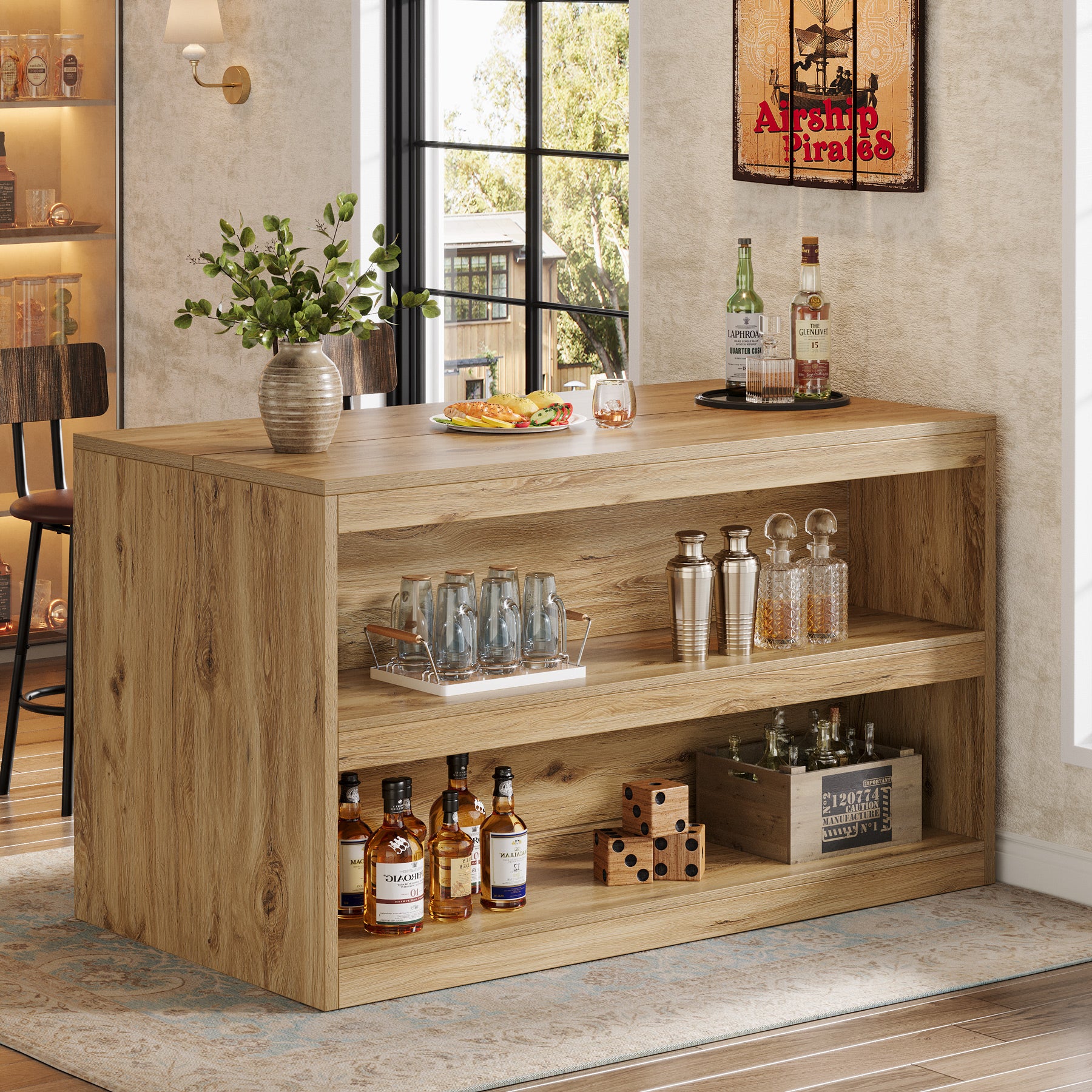 59" Home Bar Table, Rectangular Pub Table Coffee Bar Cabinet with 2-Tier Open Shelves