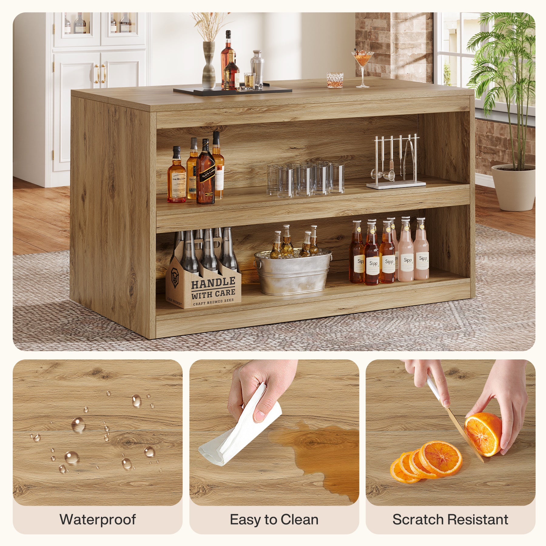 59" Home Bar Table, Rectangular Pub Table Coffee Bar Cabinet with 2-Tier Open Shelves