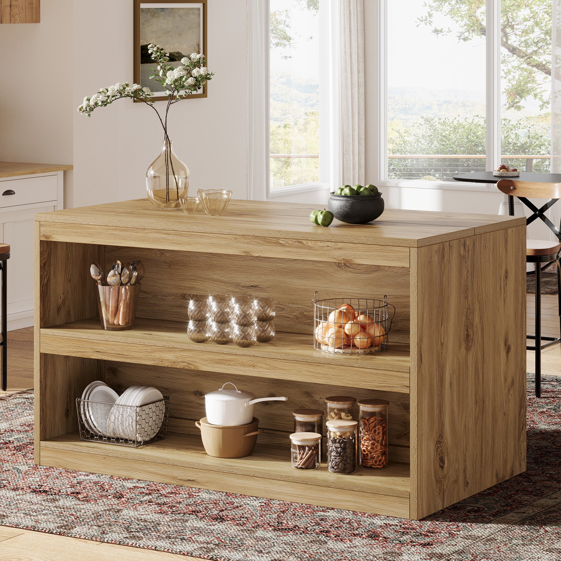 59" Kitchen Island, 3-Tier Farmhouse Stationary Island Table with Storage