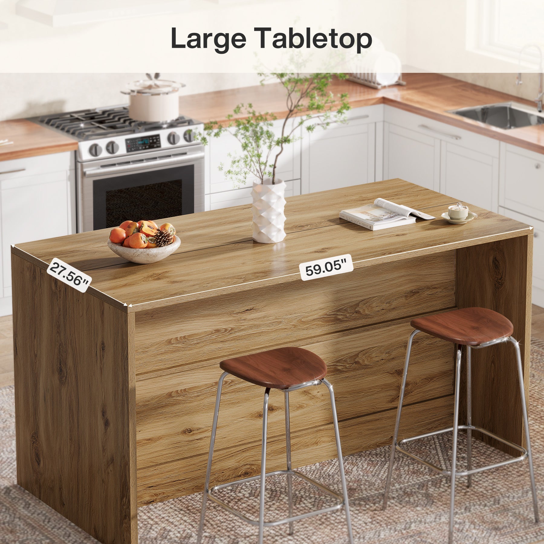 59" Kitchen Island, 3-Tier Farmhouse Stationary Island Table with Storage