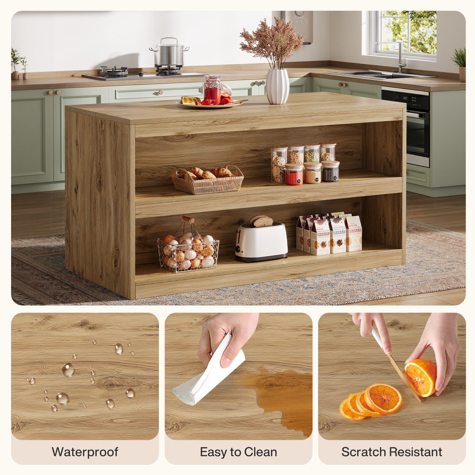 59" Kitchen Island, 3-Tier Farmhouse Stationary Island Table with Storage