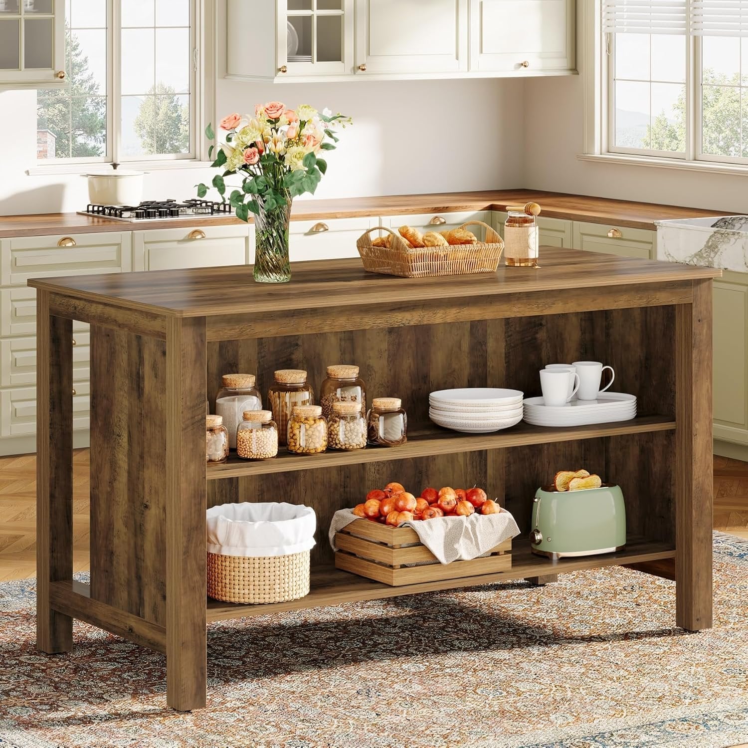 59" Kitchen Island, Farmhouse Stationary Island Table with Storage for Kitchen