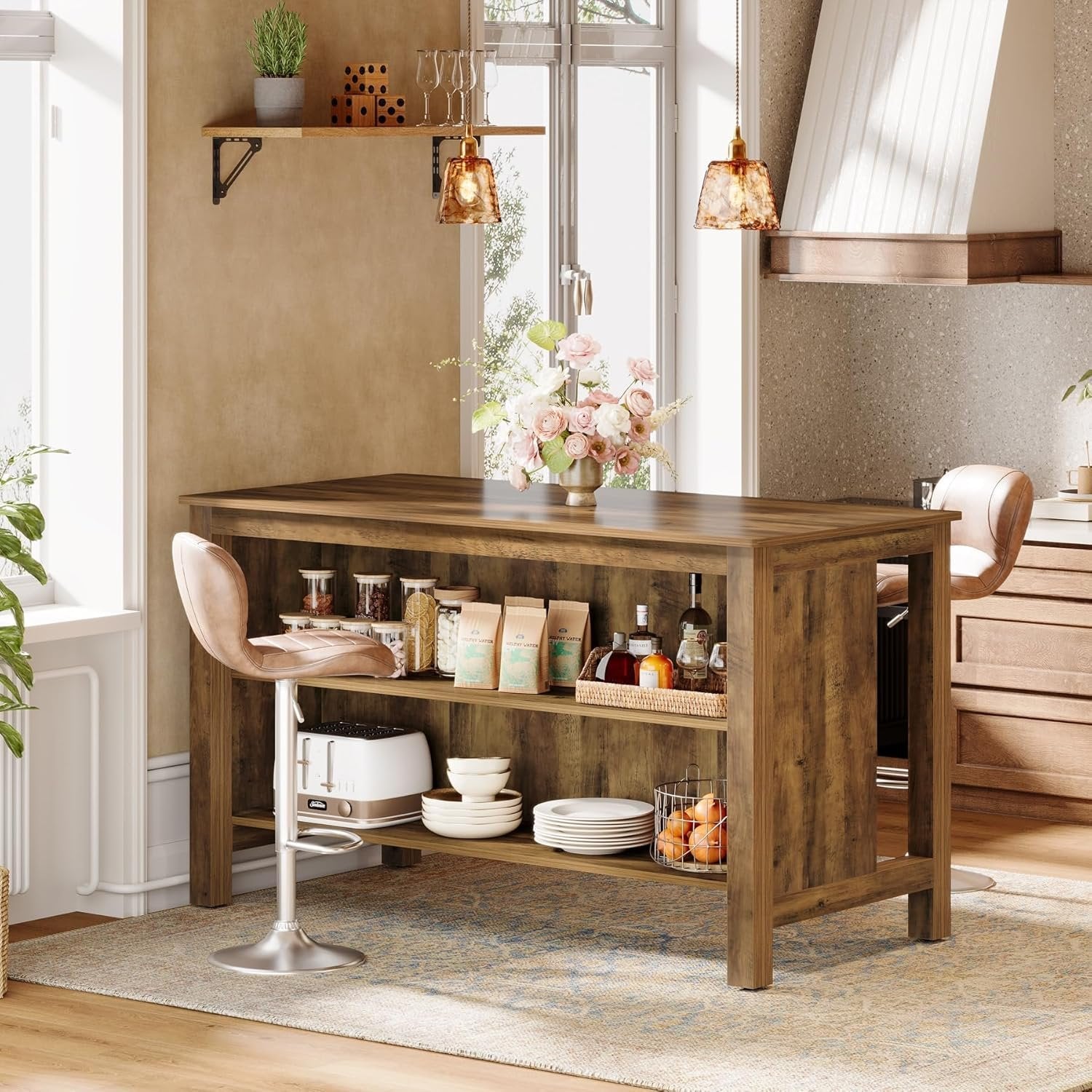 59" Kitchen Island, Farmhouse Stationary Island Table with Storage for Kitchen