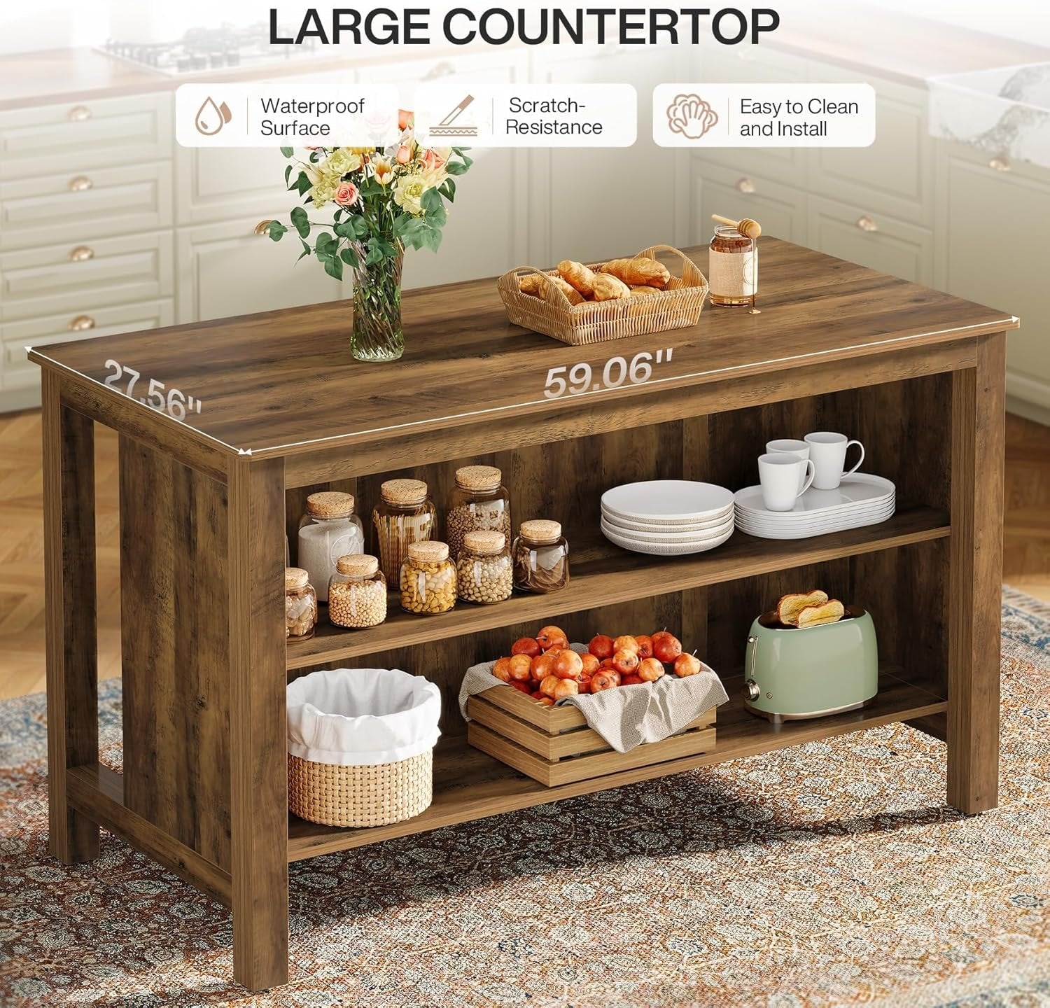 59" Kitchen Island, Farmhouse Stationary Island Table with Storage for Kitchen