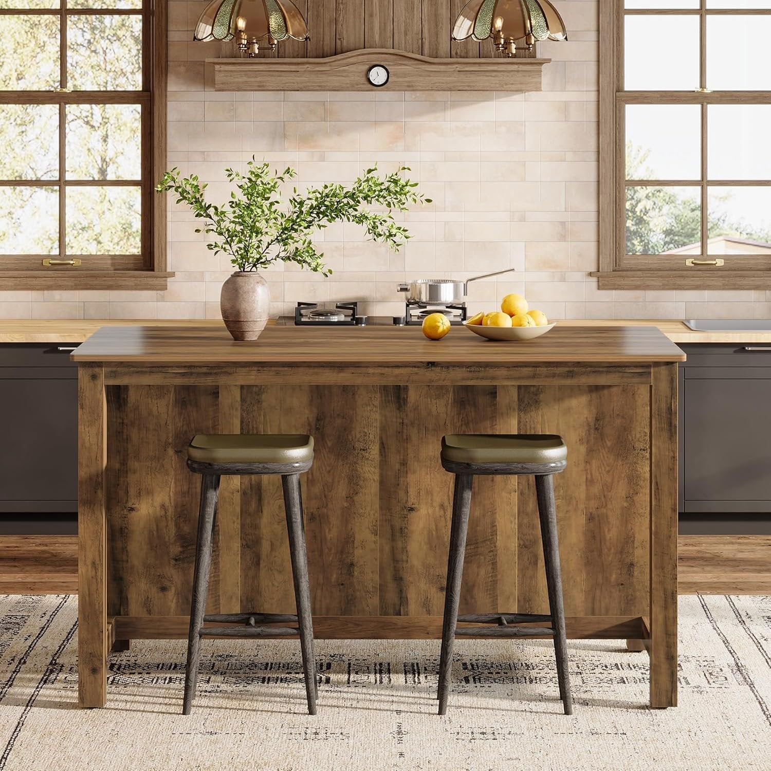 59" Kitchen Island, Farmhouse Stationary Island Table with Storage for Kitchen