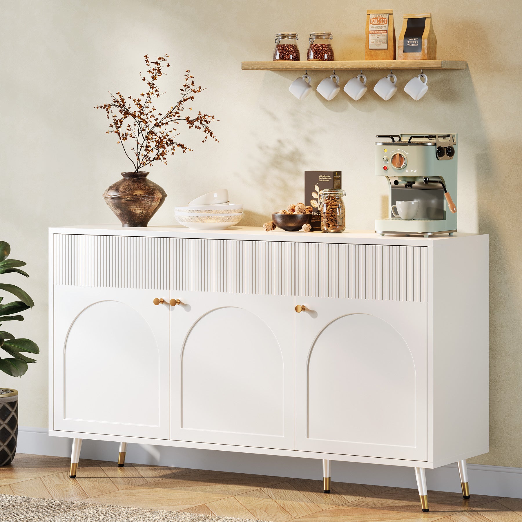 59" Sideboard Buffet, Kitchen Credenza Storage Cabinet with 3 Doors and 2 Shelves