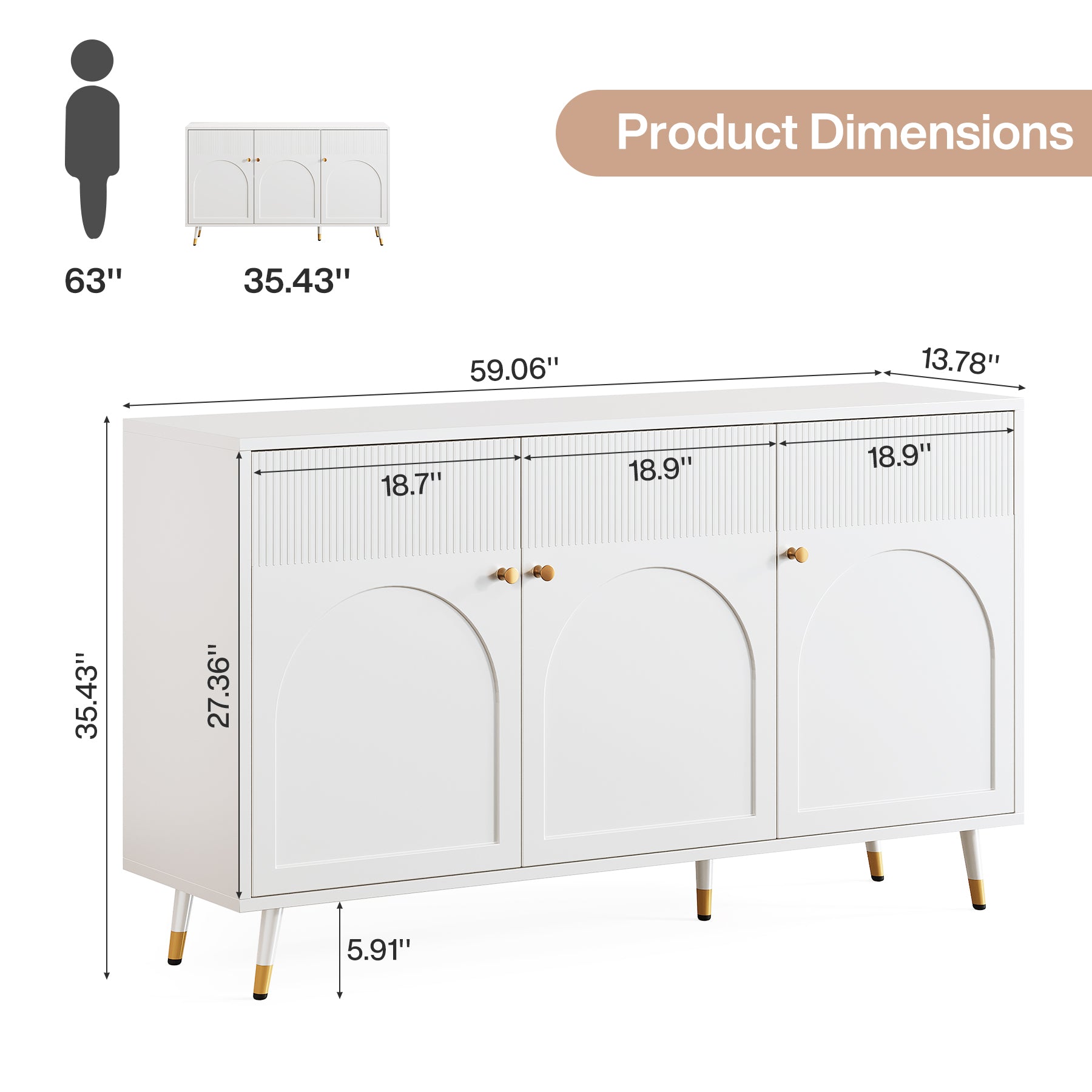 59" Sideboard Buffet, Kitchen Credenza Storage Cabinet with 3 Doors and 2 Shelves