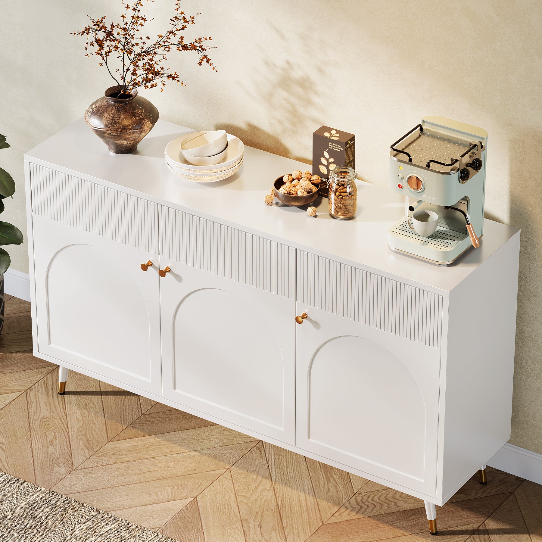 59" Sideboard Buffet, Kitchen Credenza Storage Cabinet with 3 Doors and 2 Shelves