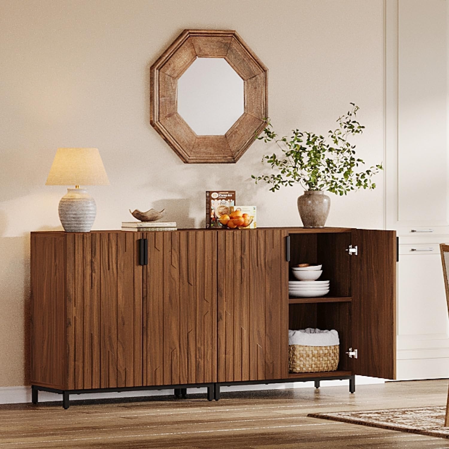 59" Sideboard Buffet, Modern Set of 2 Fluted Storage Cabinet Accent Coffee Bar Cabinet