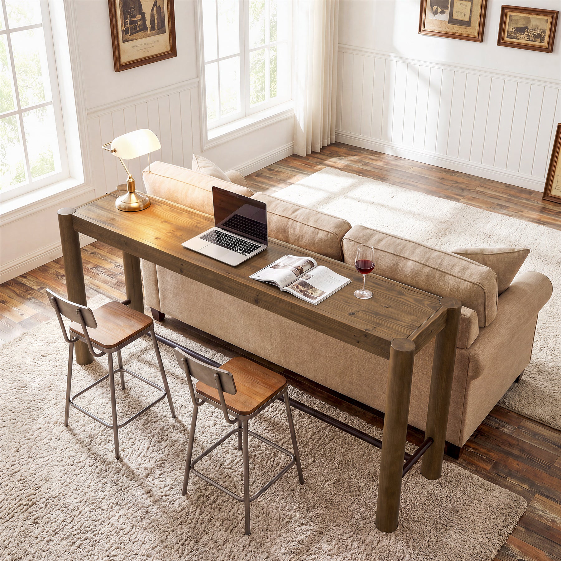 59" Wood Bar Table, Counter Height Dining Table with Metal Footrest for Kitchen
