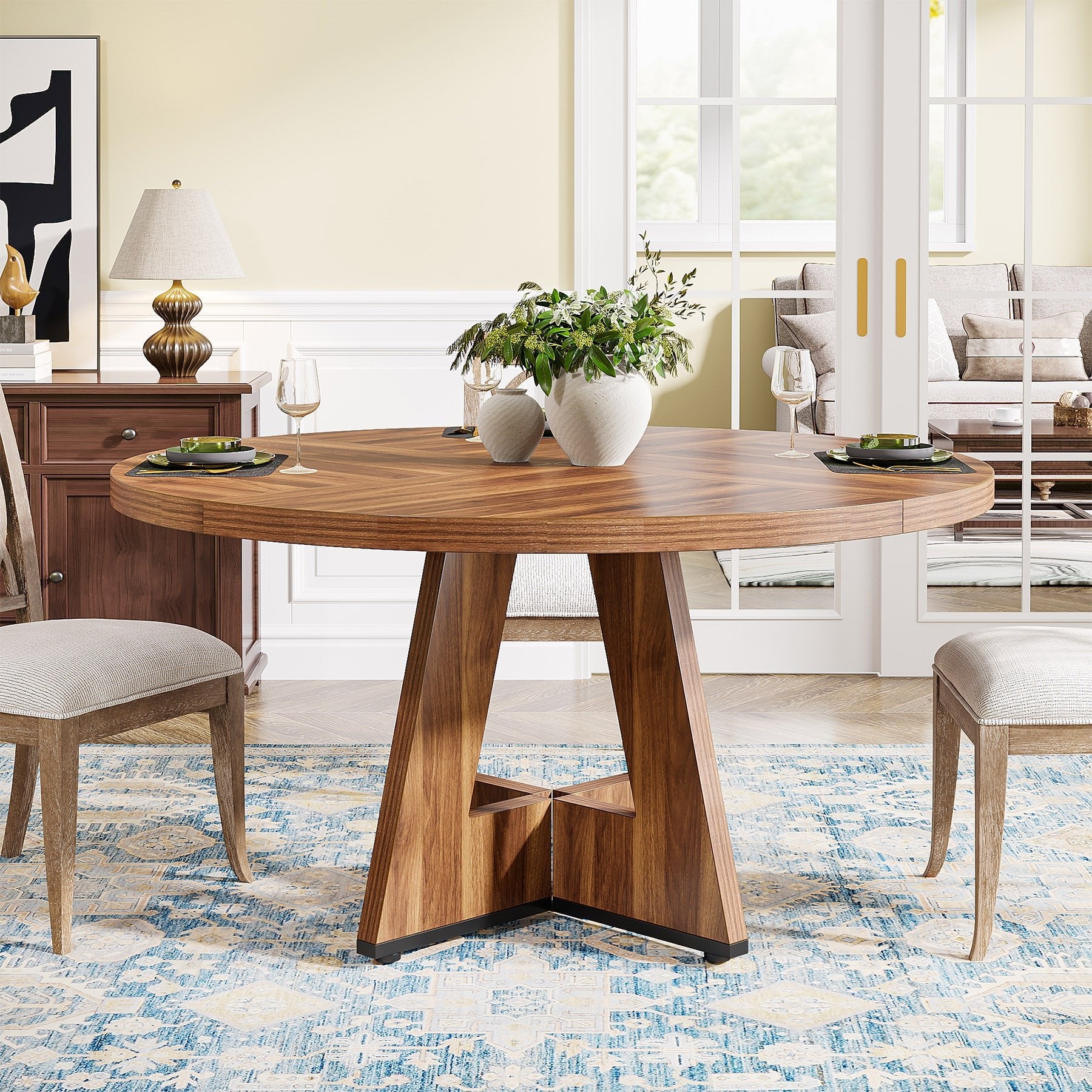 47" Round Farmhouse Dining Table for 4 People, Rustic Dining Room Table