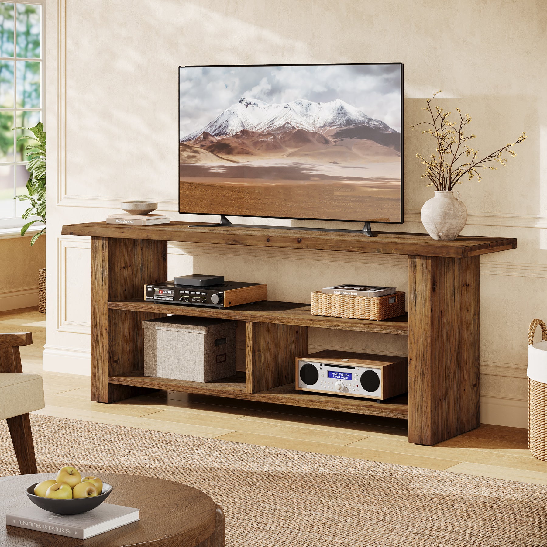 63" Solid Wood TV Stand for Up to 75 Inch TVs, Farmhouse Media Console with Open Storage Shelves
