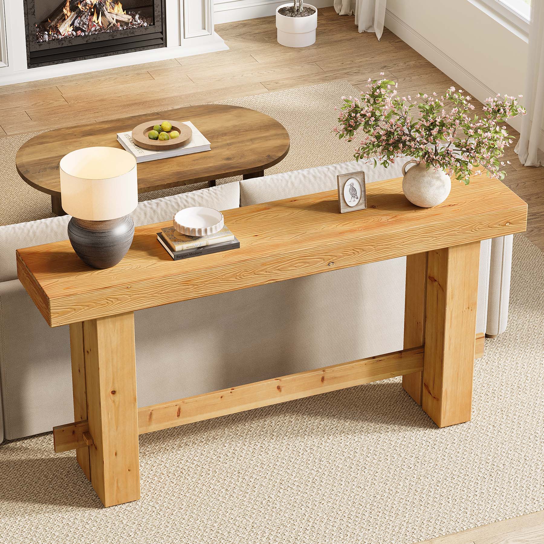Solid Wood Console Table, 63" Sofa Entryway Table with Stable Leg