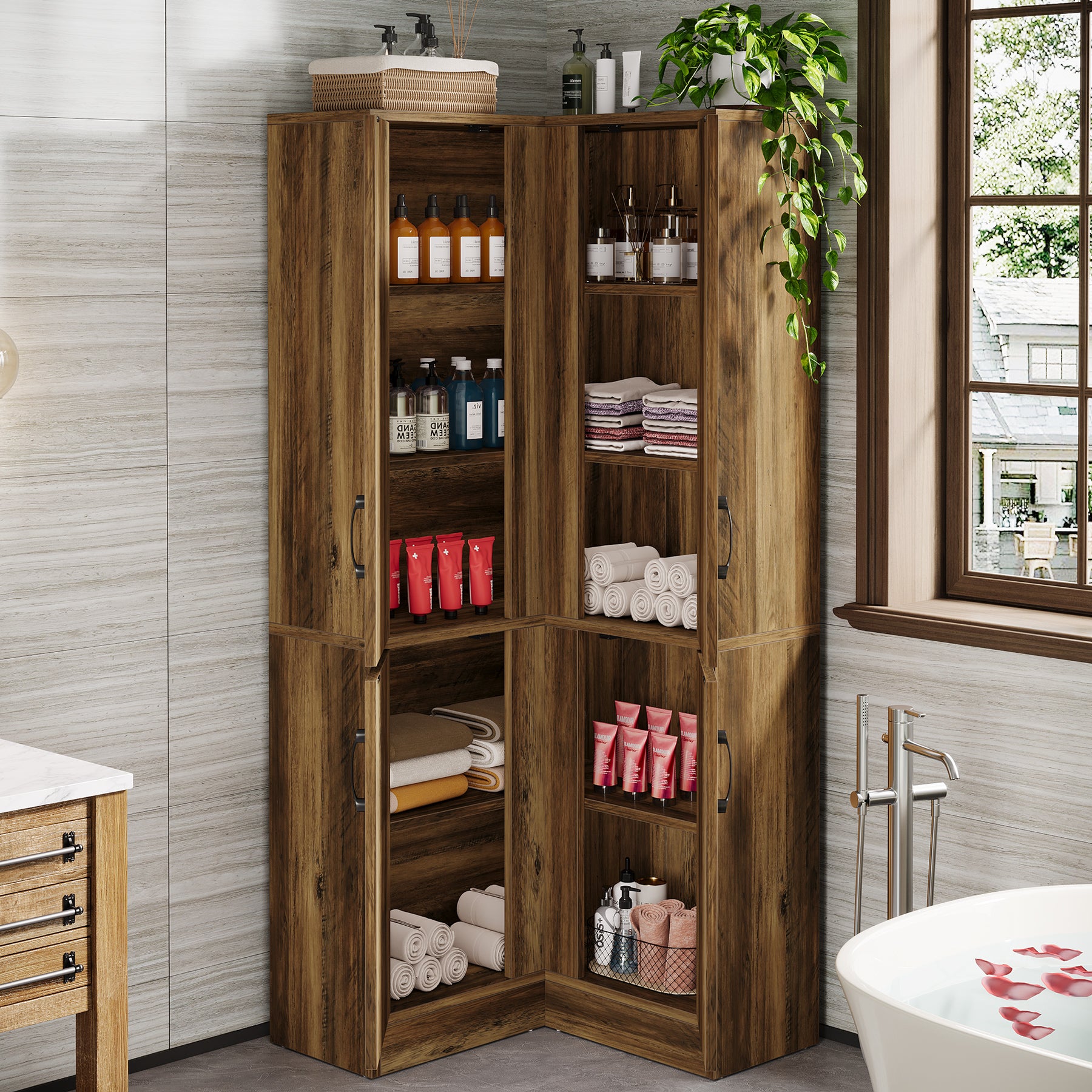 70.8" Corner Bookcase, Farmhouse Corner Storage Cabinet with Doors
