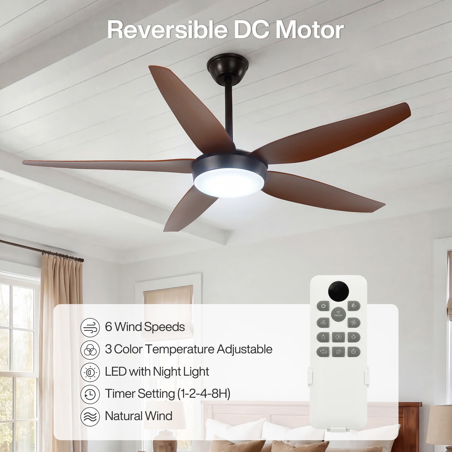 5 Blades Ceiling Fans with Dimmable LED Light and Remote Control