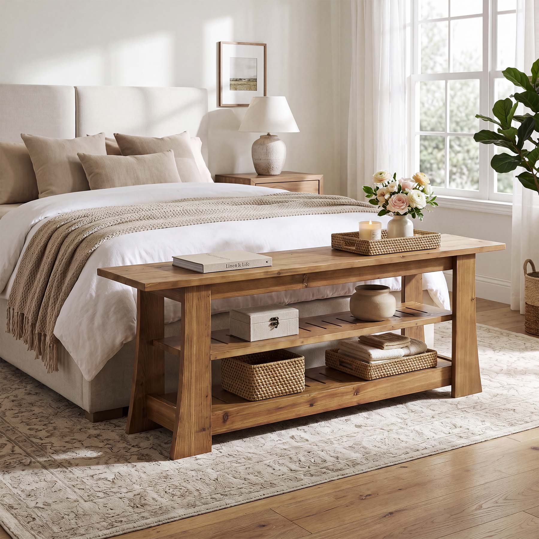 63-Inch Solid Wood Shoe Bench, Farmhouse Indoor Entryway Bench with 3-Tier Storage