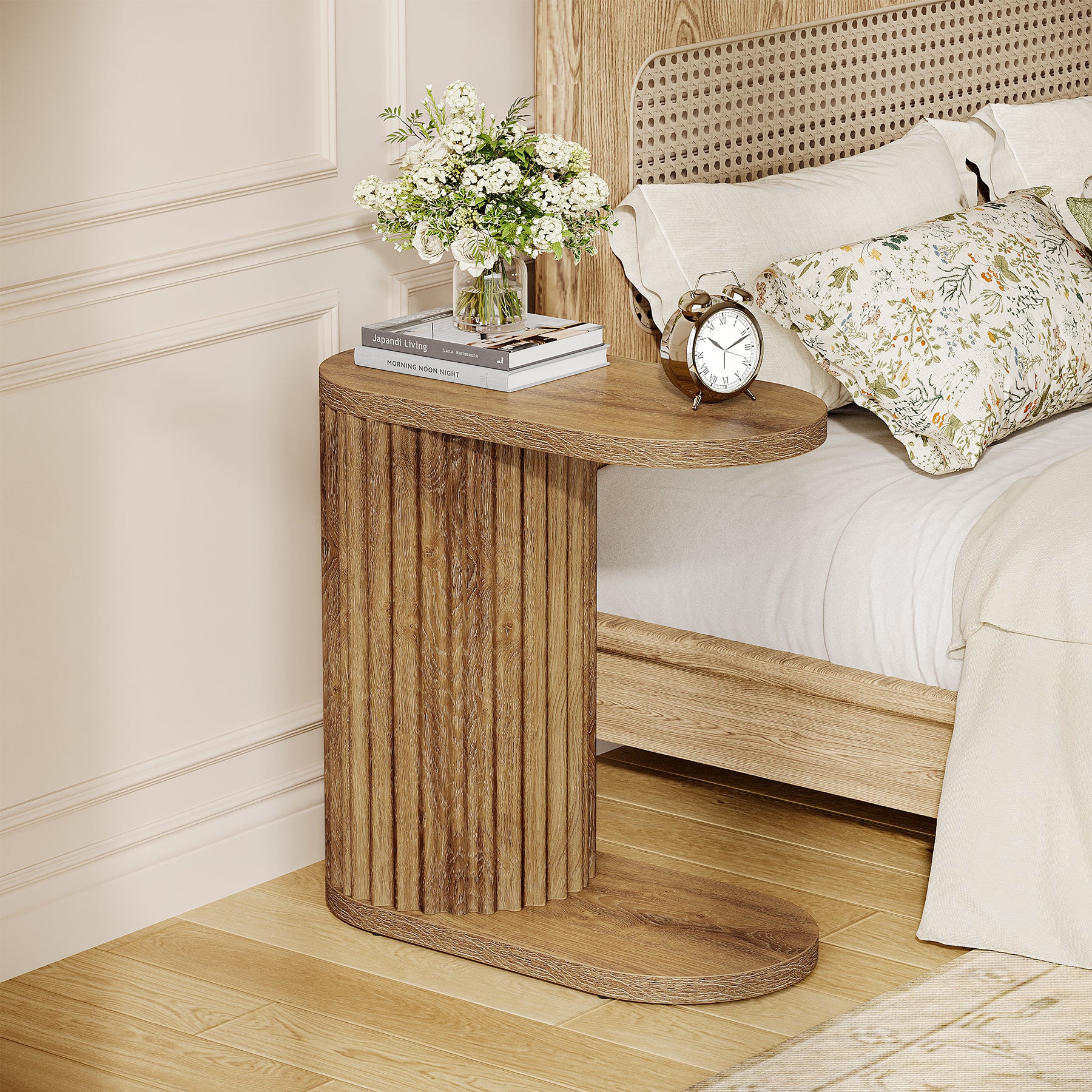 23.62" Fluted C-Shaped End Table with Oval Top, Narrow Side Table for Couch