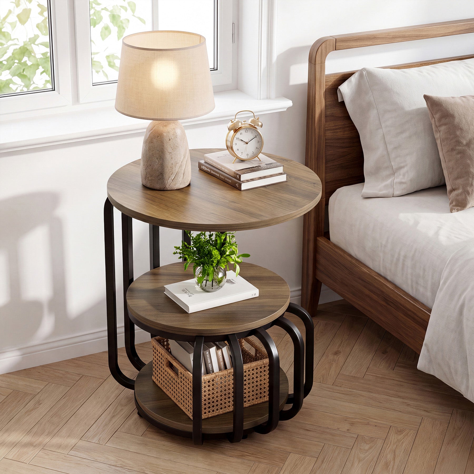 19.69" Round Nightstand, 3-Tier Bedside Table with Metal Frame for Bedroom