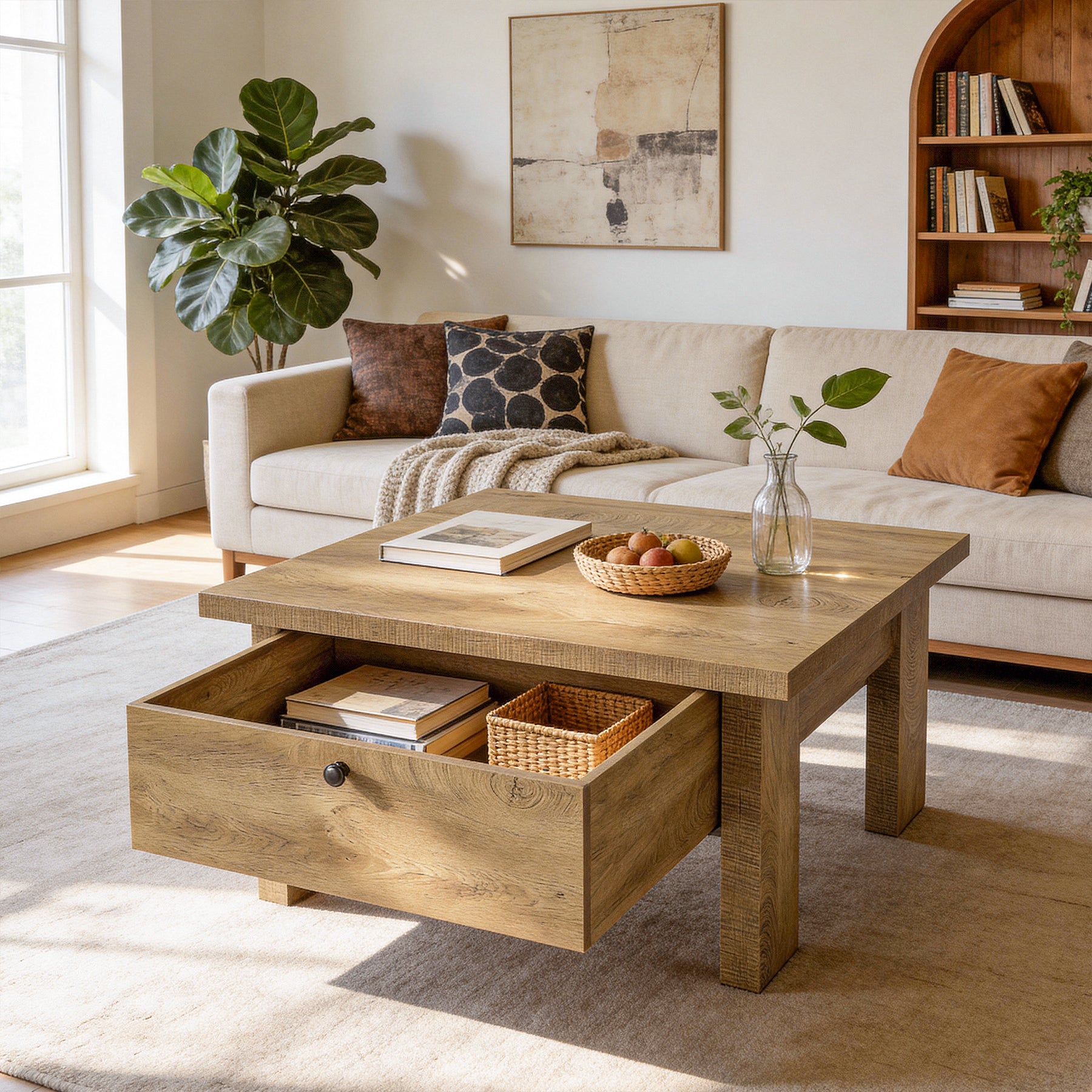 31.5" Coffee Table, Square Center Tea Table with Storage Drawer