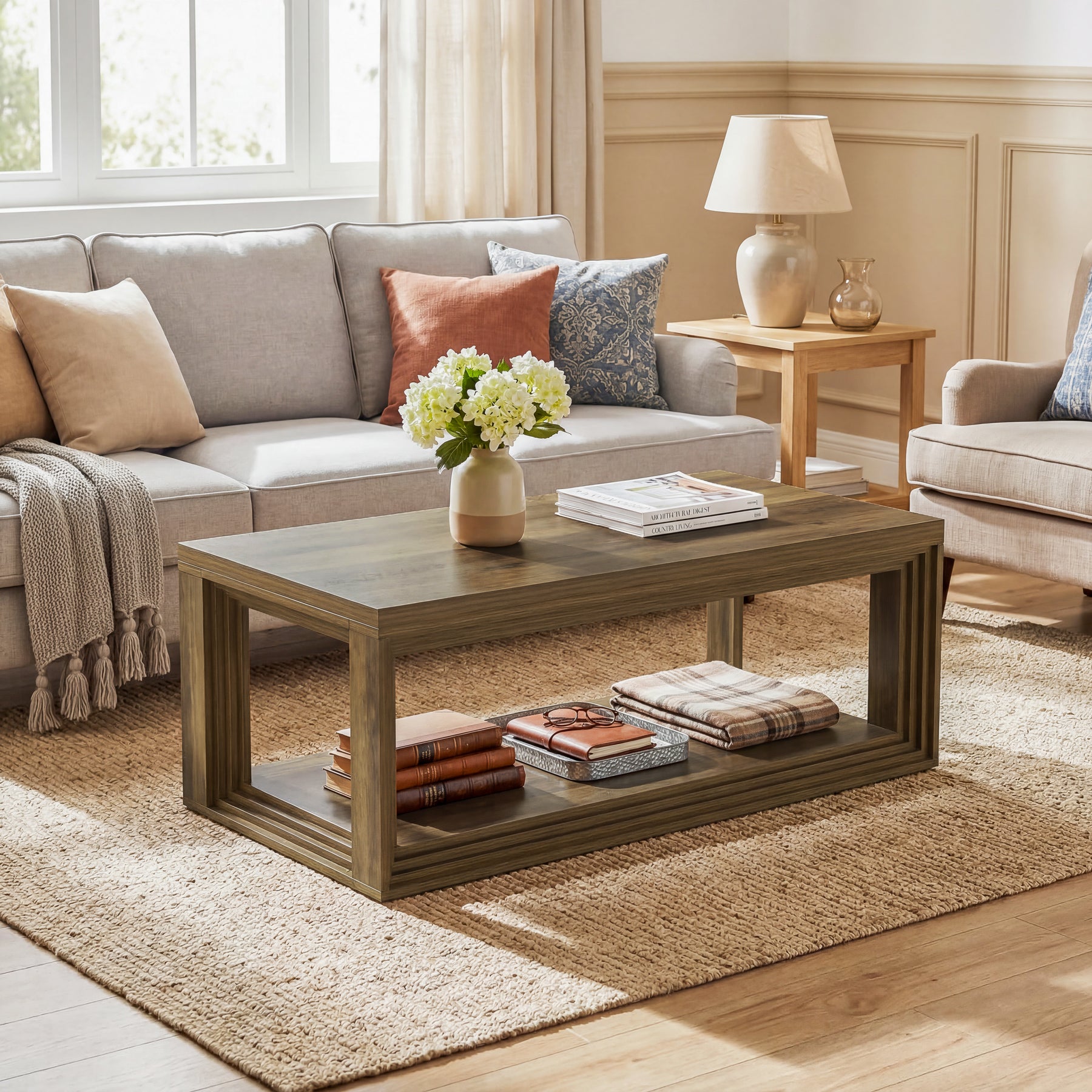 Rectangular Coffee Table with Open Storage Shelf