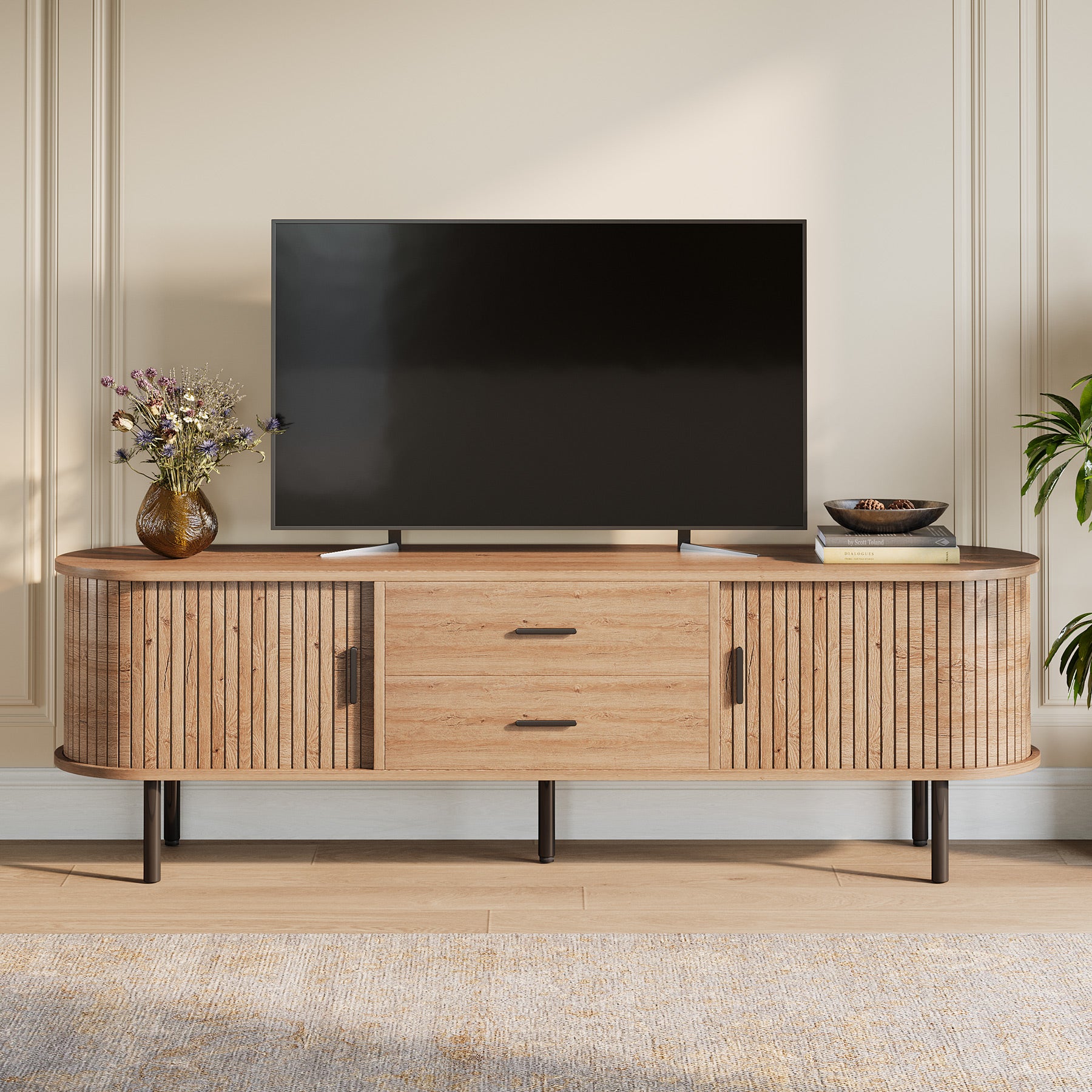 70" TV Stand, Modern Media Console with Storage and Sliding Tambour Door