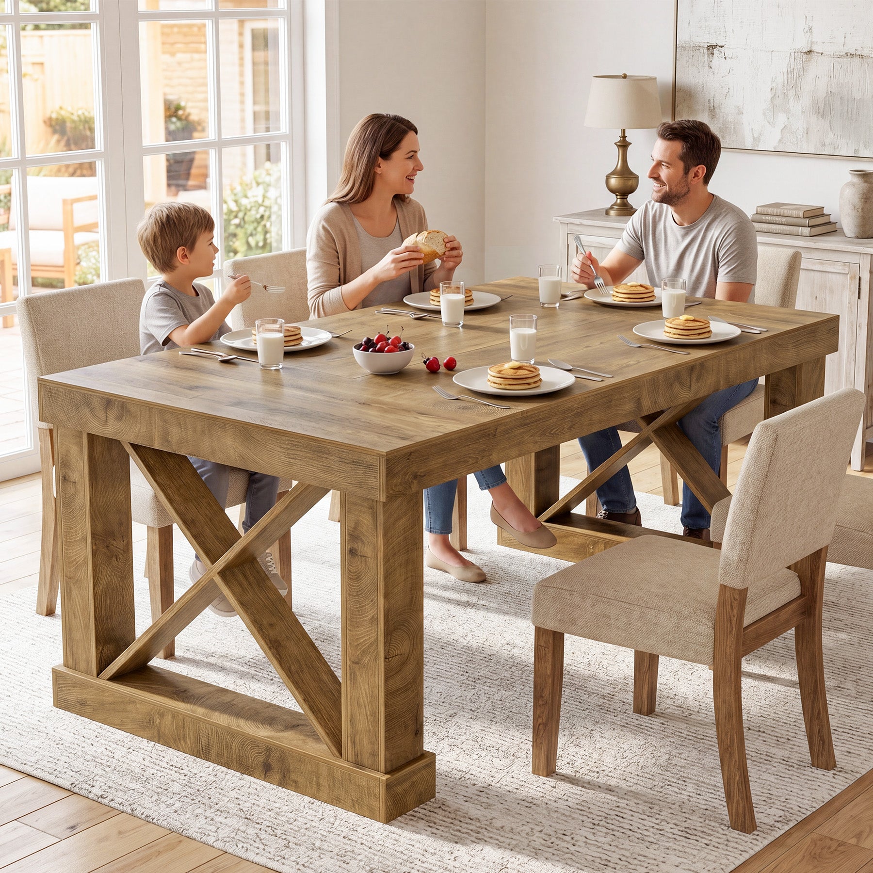 63" Farmhouse Dining Table for 4-6 People, Rectangular Wood Kitchen Table with Heavy-Duty X Legs