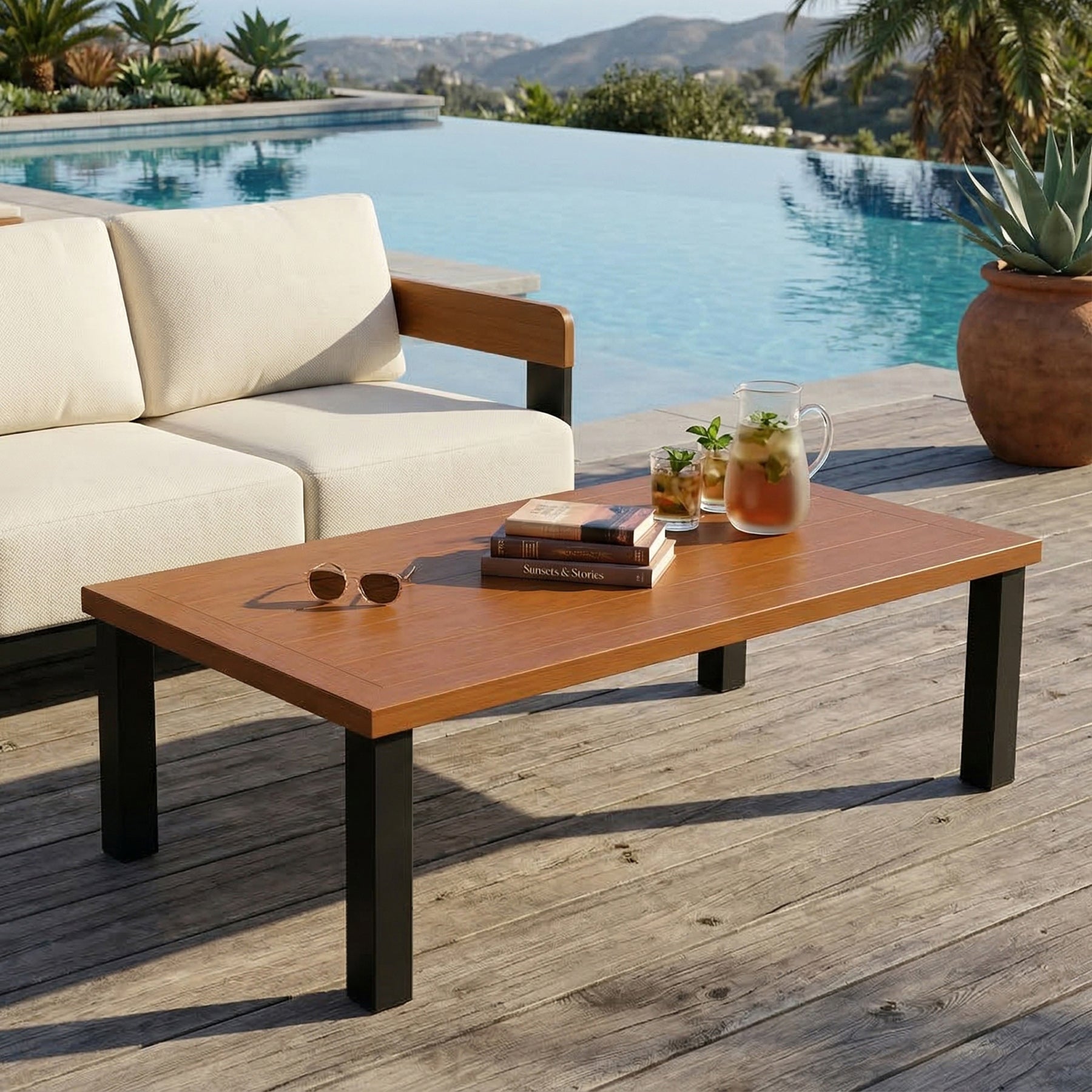 Rectangular Outdoor Coffee Table, 47" Patio Tea Table with Aluminum Frame