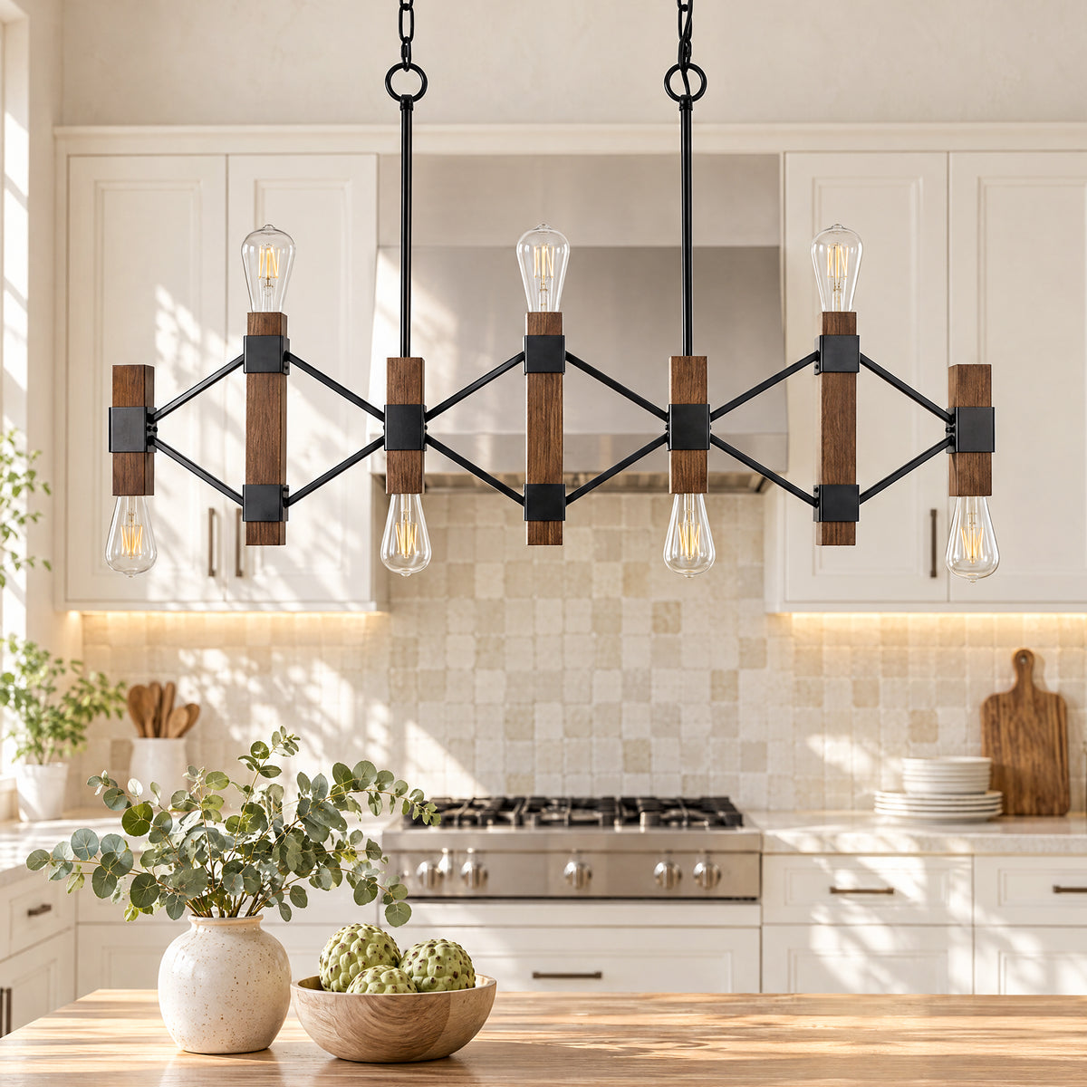 7-Light Farmhouse Linear Chandelier, Faux Wood Pendant Light with Black Metal