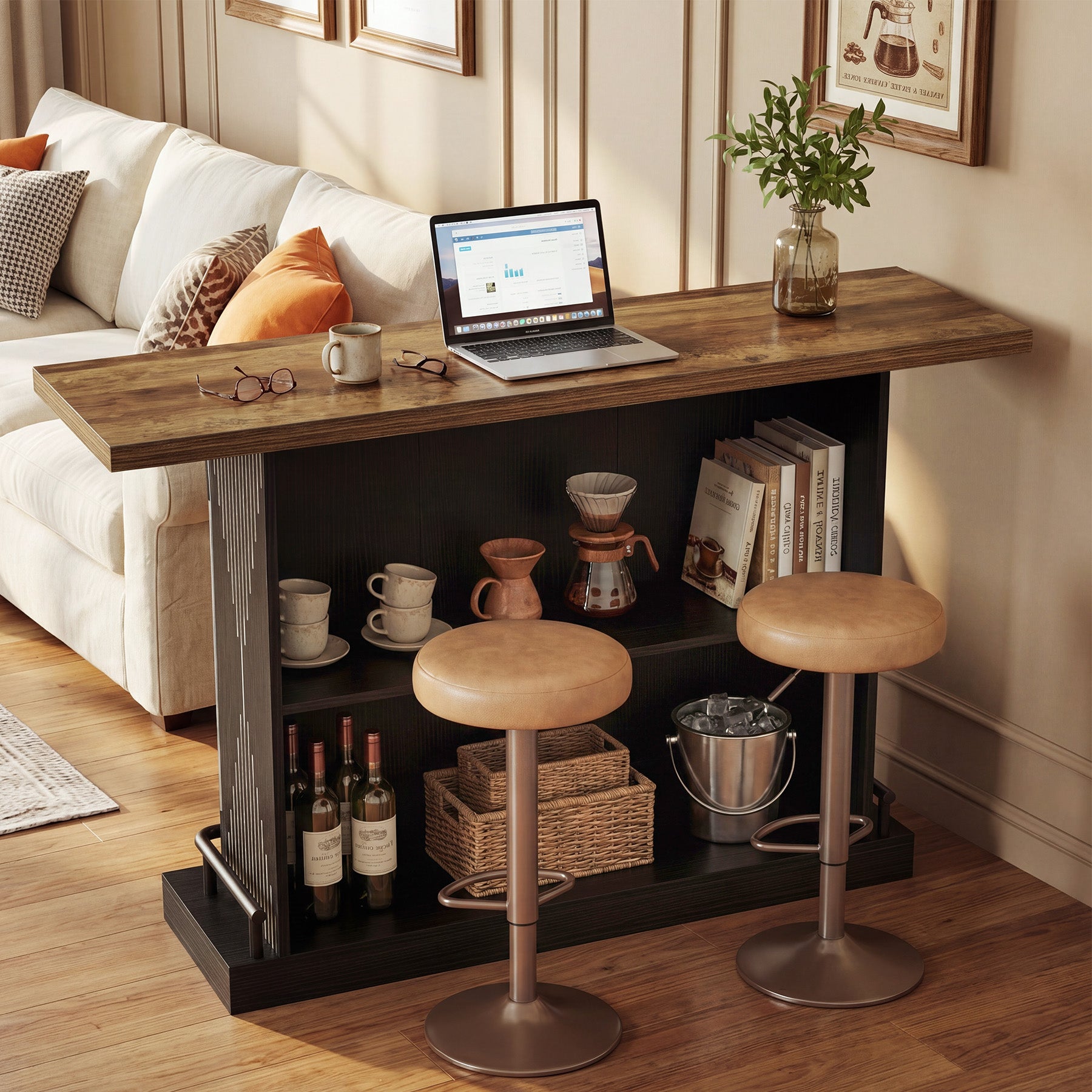 63" Bar Table, Rectangular Home Bar Unit with 2-Tier Storage Shelf for Kitchen