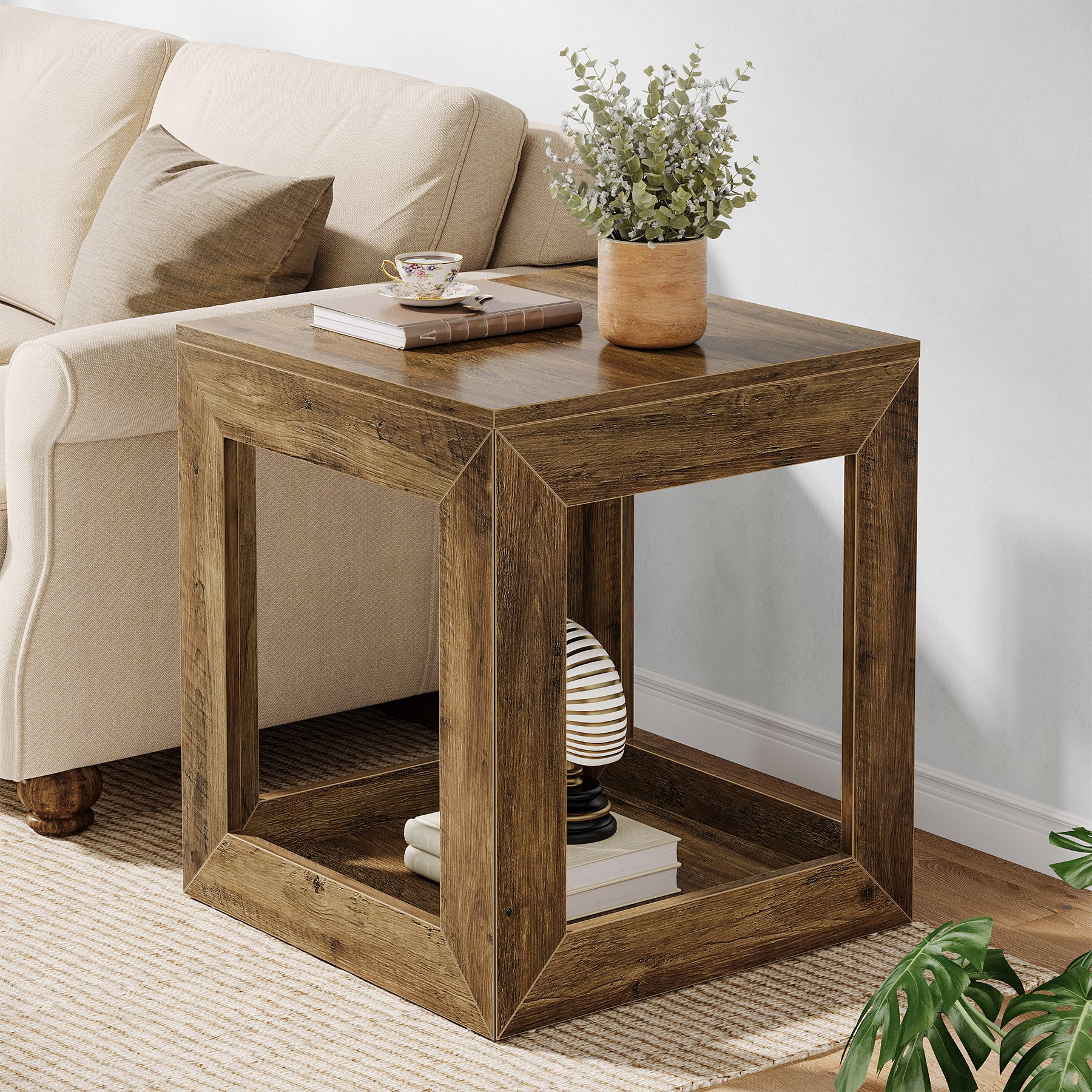 Square End Table, 9.7" Side Table Nightstand with 2-Tier Storage Shelf