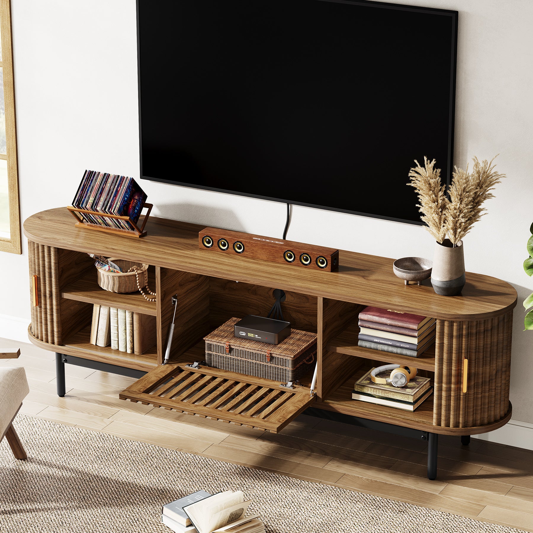 70" TV Stand for TVs up to 80", Fluted TV Console with Metal Legs & Sliding Doors