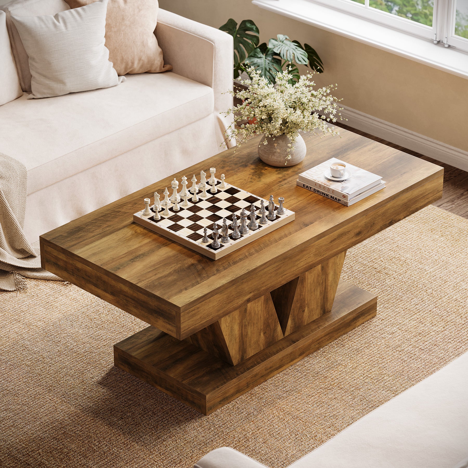47.2" Farmhouse Rectangular Coffee Table, Mid-Century Wooden Center Table with Sculptural Base