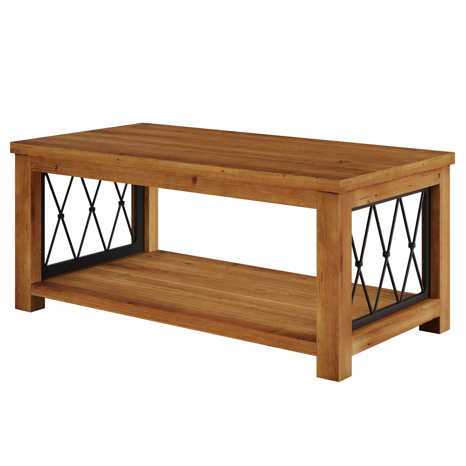 Rectangular Solid Wood Coffee Table, 47" Center Tea Table with 2-Tier Shelf