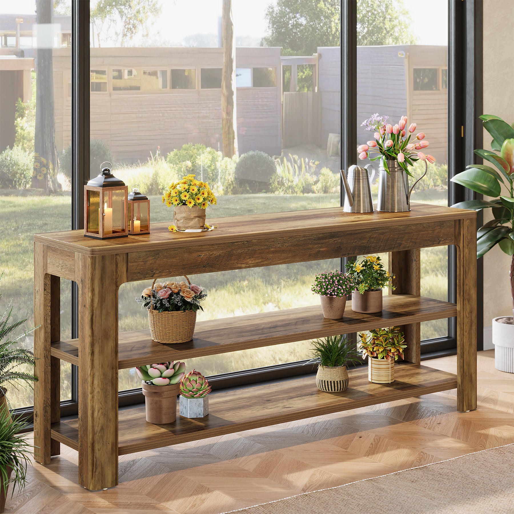 63" Farmhouse Console Table with 3-Tier Shelves, Narrow Wooden Sofa Table with Storage for Entryway, Hallway, or Living Room