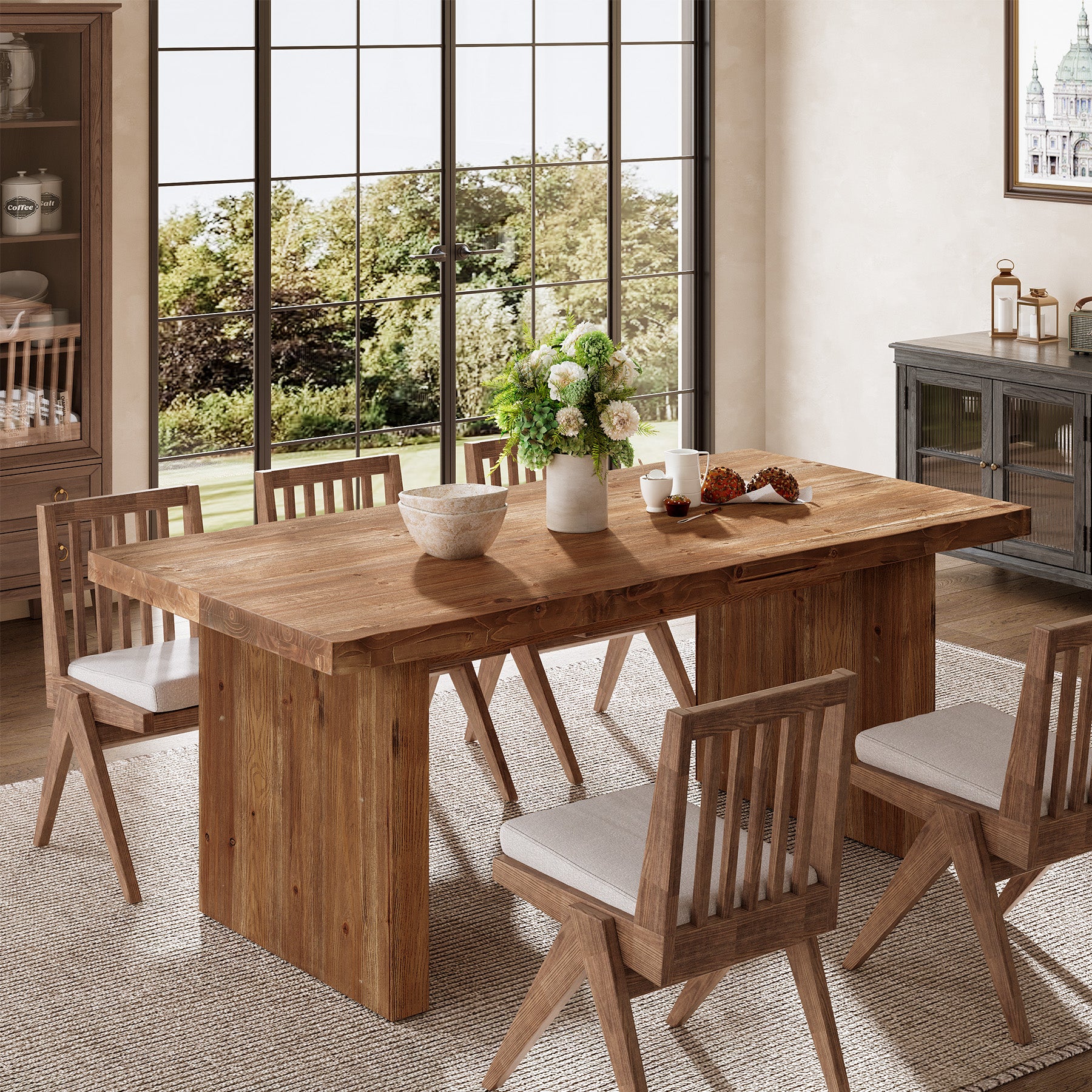 63" Solid Wood Dining Table for 4-6, Farmhouse Rectangular Kitchen Table with Thick Wood Top
