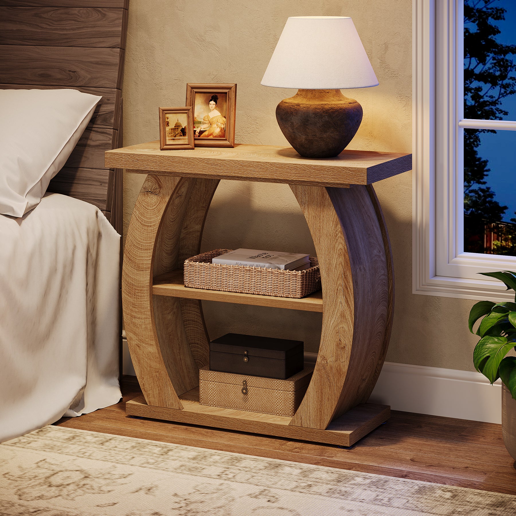 Narrow End Table, 2-Tier Farmhouse Side Table with Curved Frame