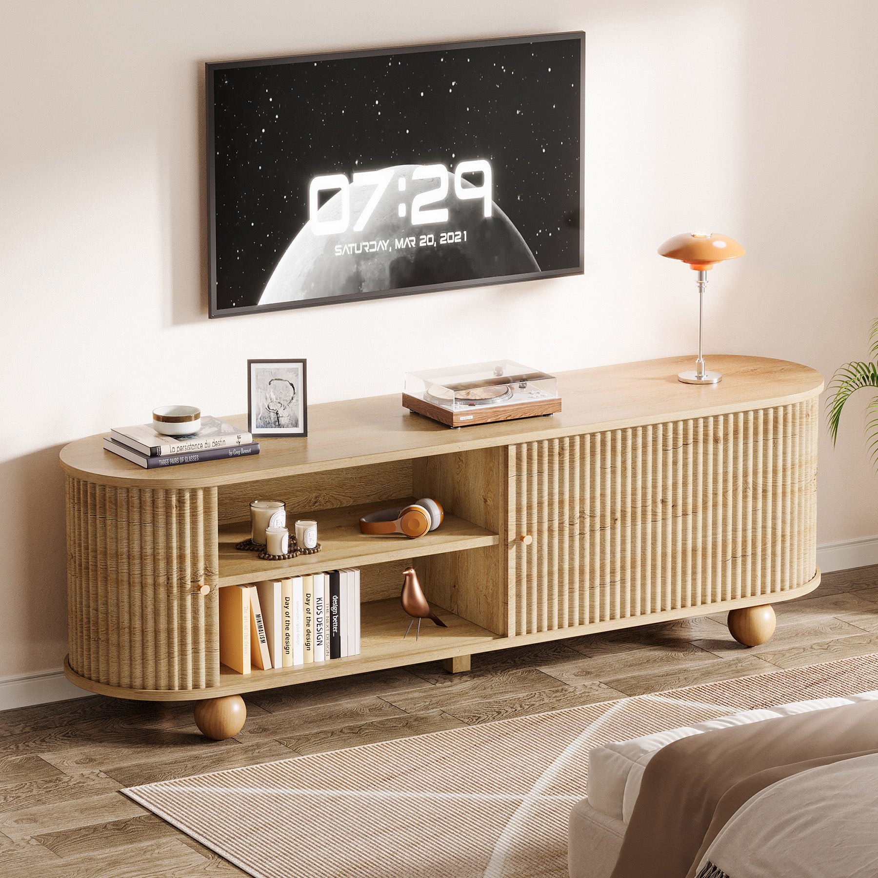 70" TV Stand, Farmhouse Media Console with Shelves and Sliding Doors