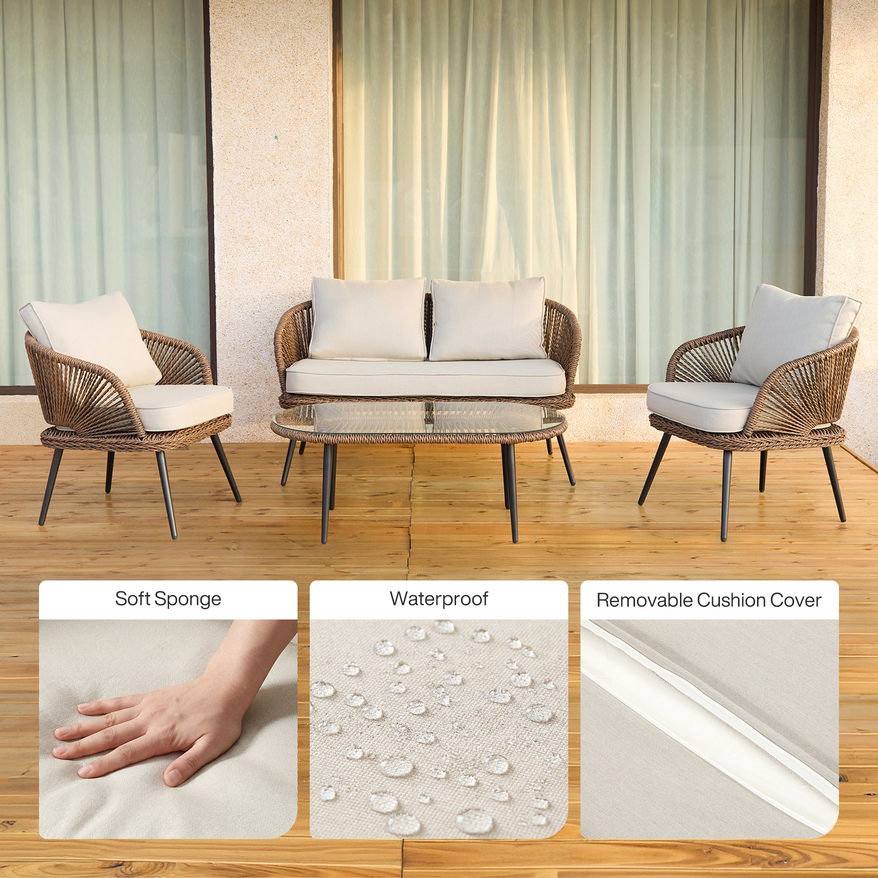4-Piece Rattan Outdoor Patio Furniture Set with Removable Cushions and Coffee Table