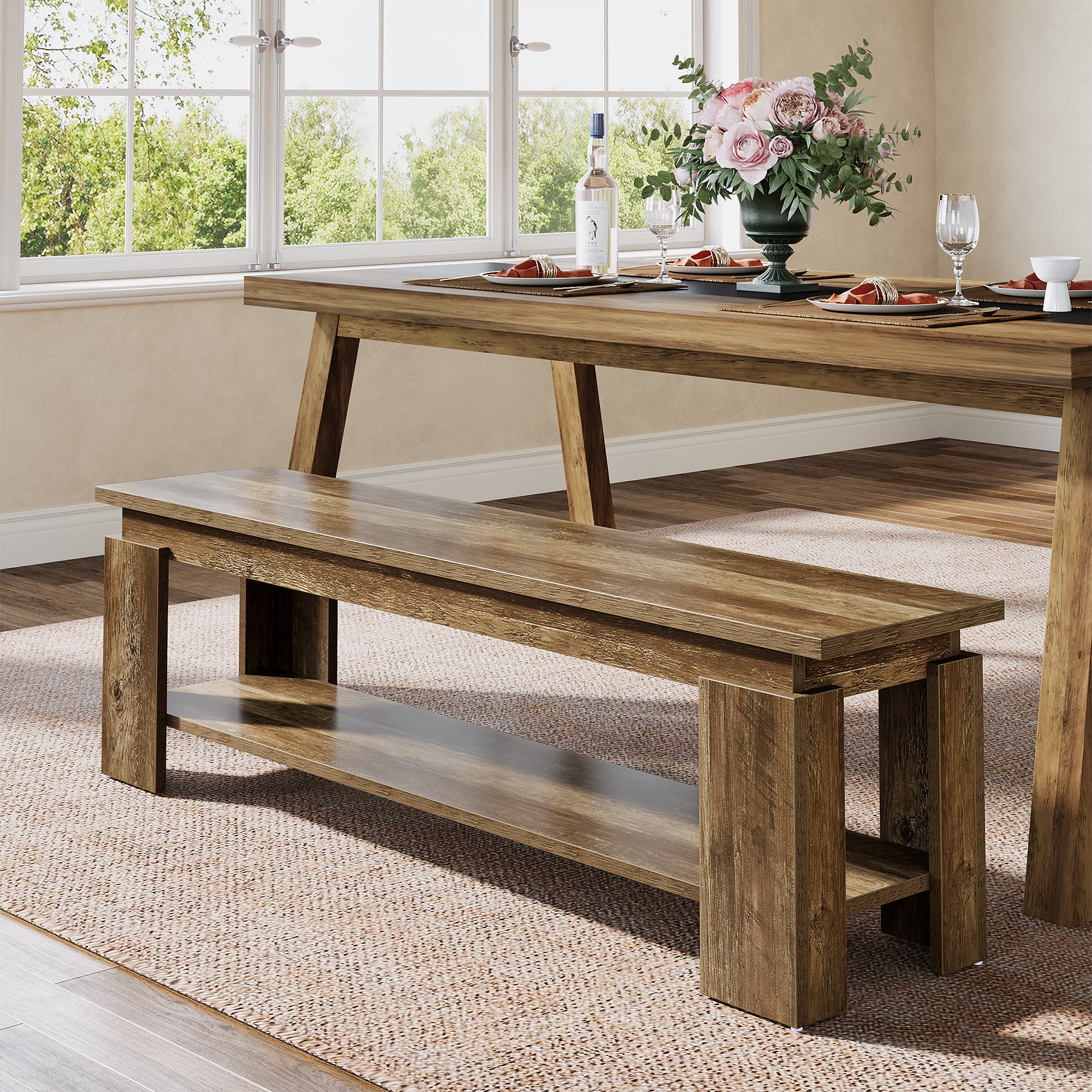 63" Dining Bench for 2-3, Farmhouse Kitchen Bench with Storage Shelf