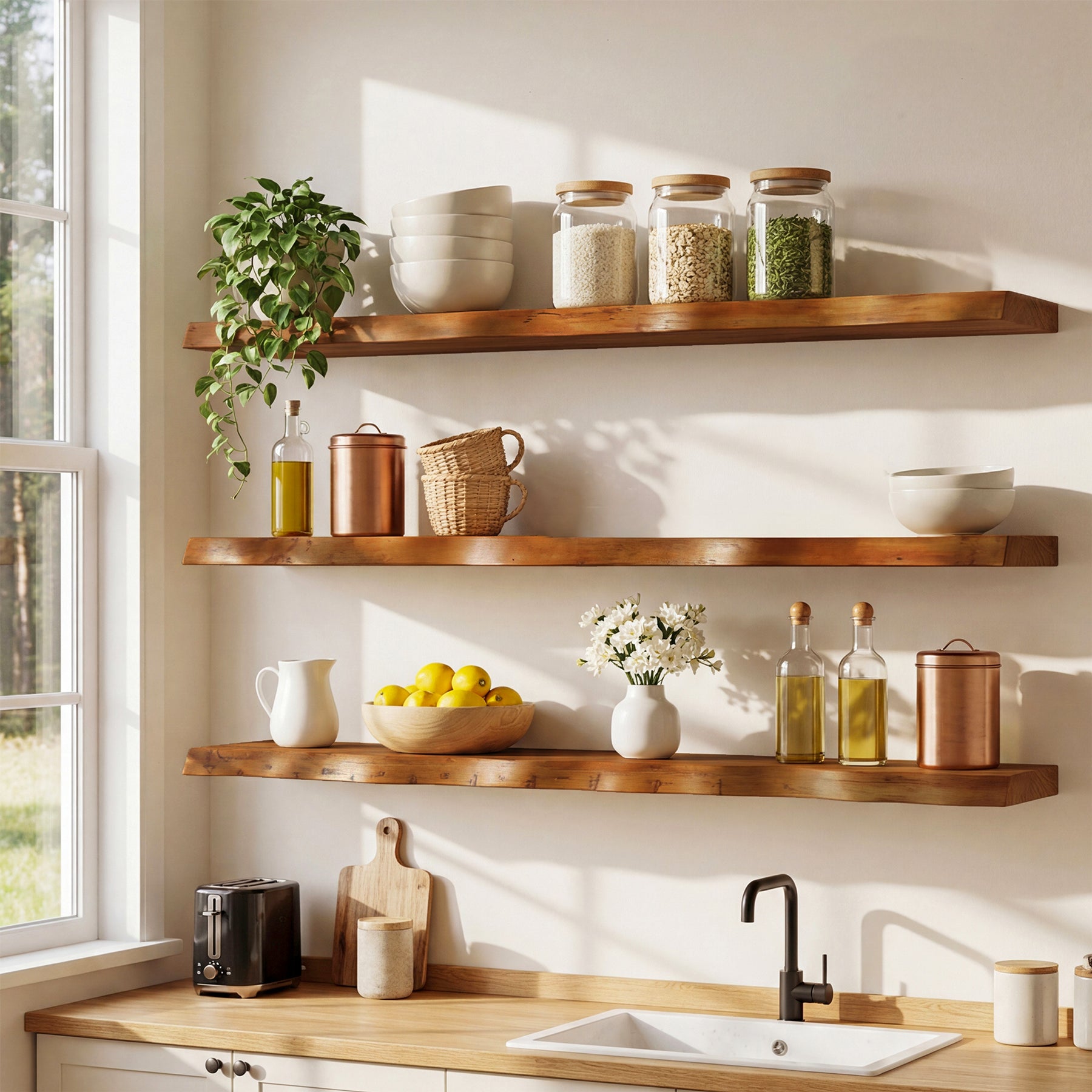 47.2" Floating Shelves for Wall Set of 3, Solid Wood Live Edge Wall Shelves
