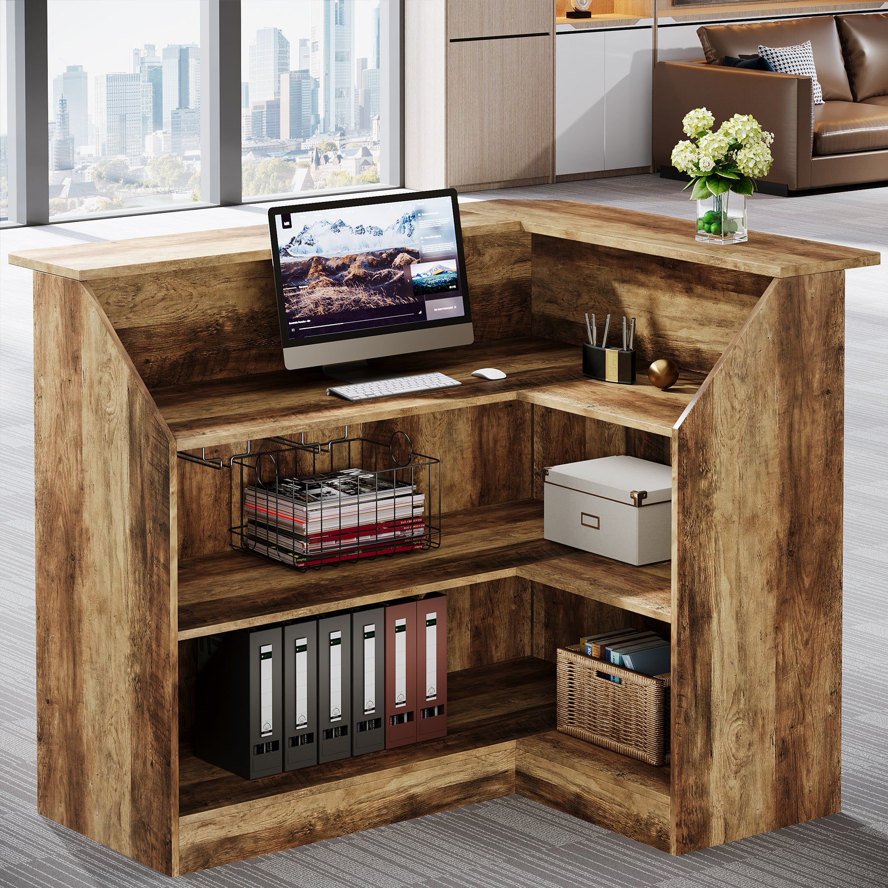 L-Shaped Reception Desk with Storage Shelves, Modern Front Desk for Small Office or Salon