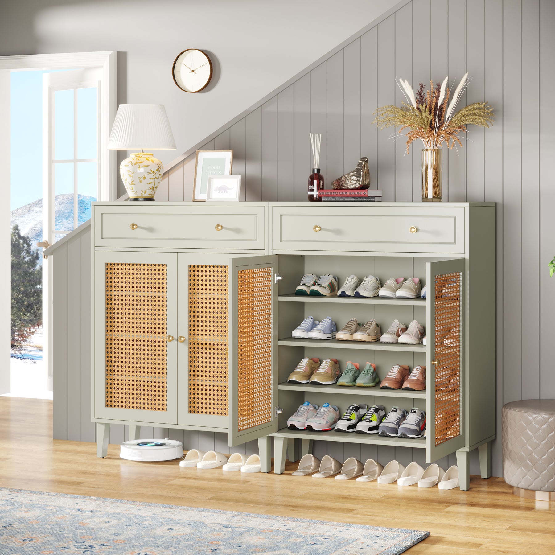 Wooden Shoe Cabinet, Rattan Shoe Organizer with Doors and Drawer Tribesigns